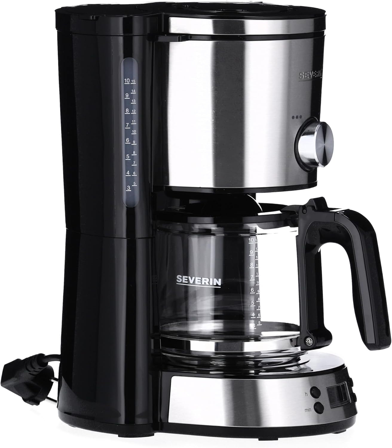 SEVERIN "TypeSwitch" espressomachine met glazen karaf en timer, AromaSwitch voor het kiezen van 2 zetopties, digitale klok met timerfunctie, voor maximaal 10 kopjes, 1000W, geborsteld roestvrij staal-zwart, KA 4826