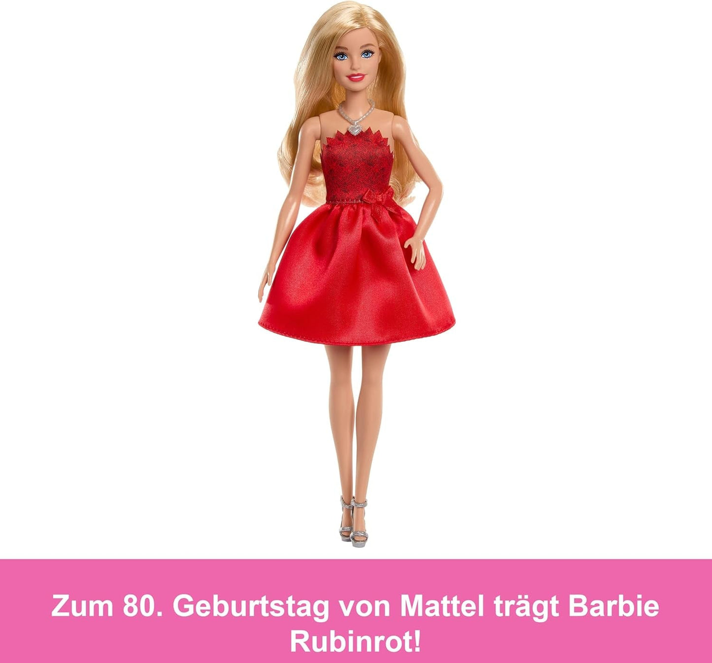 Mattel Rubinrote Blonde Barbie-Party-Modepuppe zum 80. Jubiläum roten Kleid mit zilverkleurige Schuhen en Halskette, Sammelspielzeug, JGD25