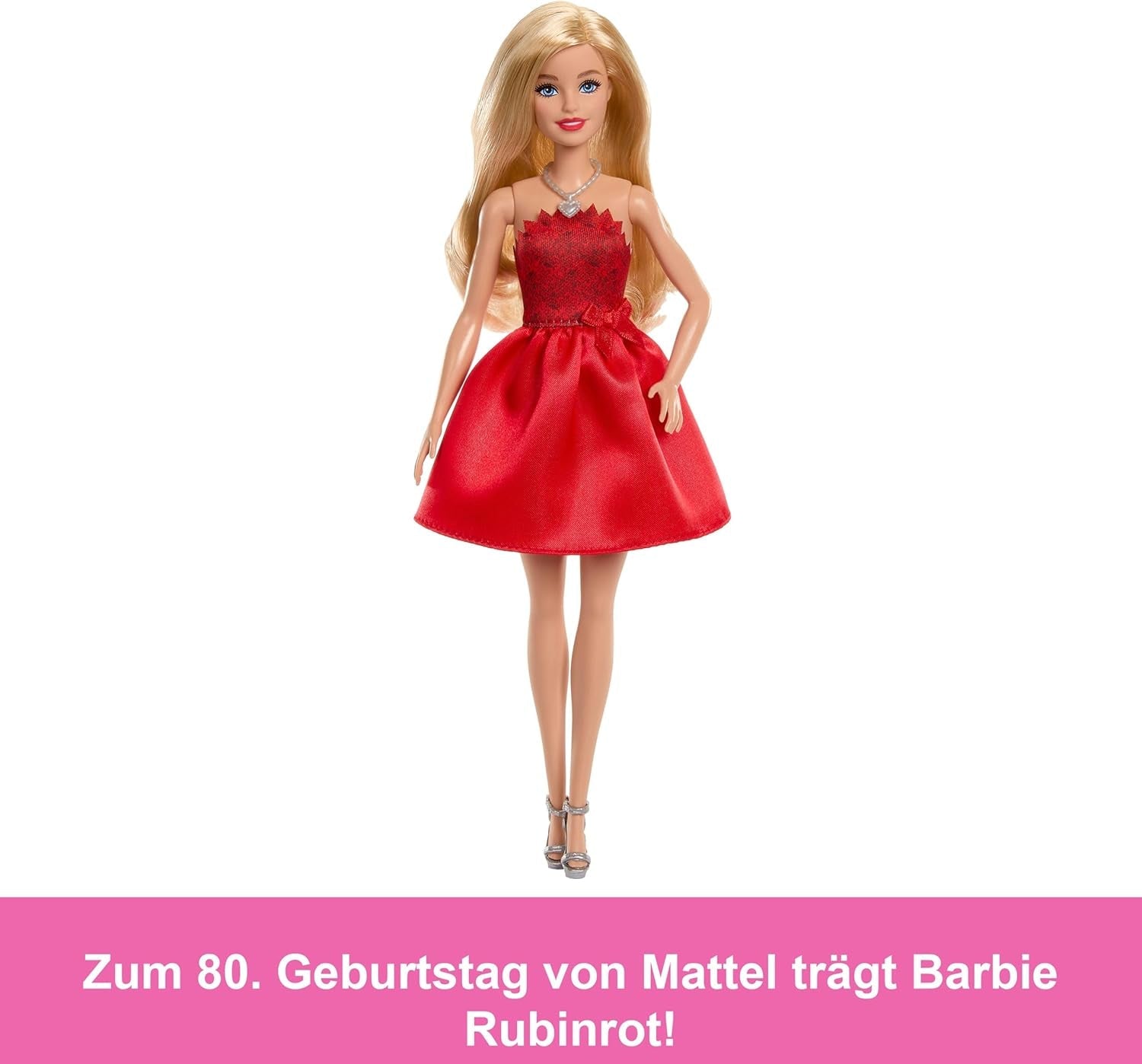 Mattel Rubinrote Blonde Barbie-Party-Modepuppe zum 80. Jubiläum roten Kleid mit zilverkleurige Schuhen en Halskette, Sammelspielzeug, JGD25