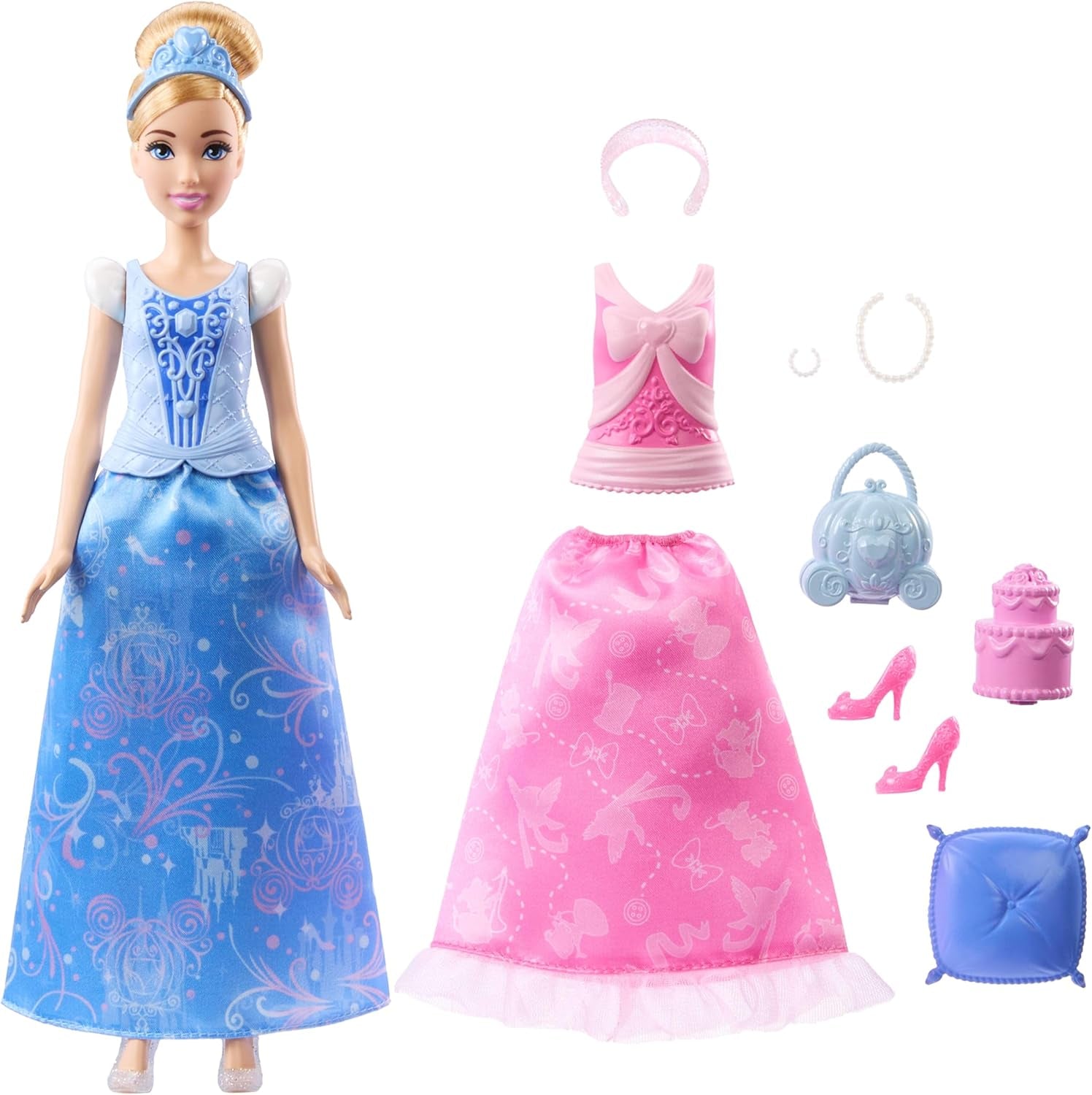 Mattel Disney Princess Toys Assepoester modepop met 2 outfits, 9 accessoires, 2 topjes met clips en 2 rokken. 2-in-1-verhalen geïnspireerd op de Disney-film JCR95