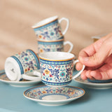 KARACA Beylerbeyi - 12-delige Turkse koffiekopjesset Porseleinen espressokopjesset van 6 met schotels 80ml espressokopjesset Traditioneel ontwerp - Blauw