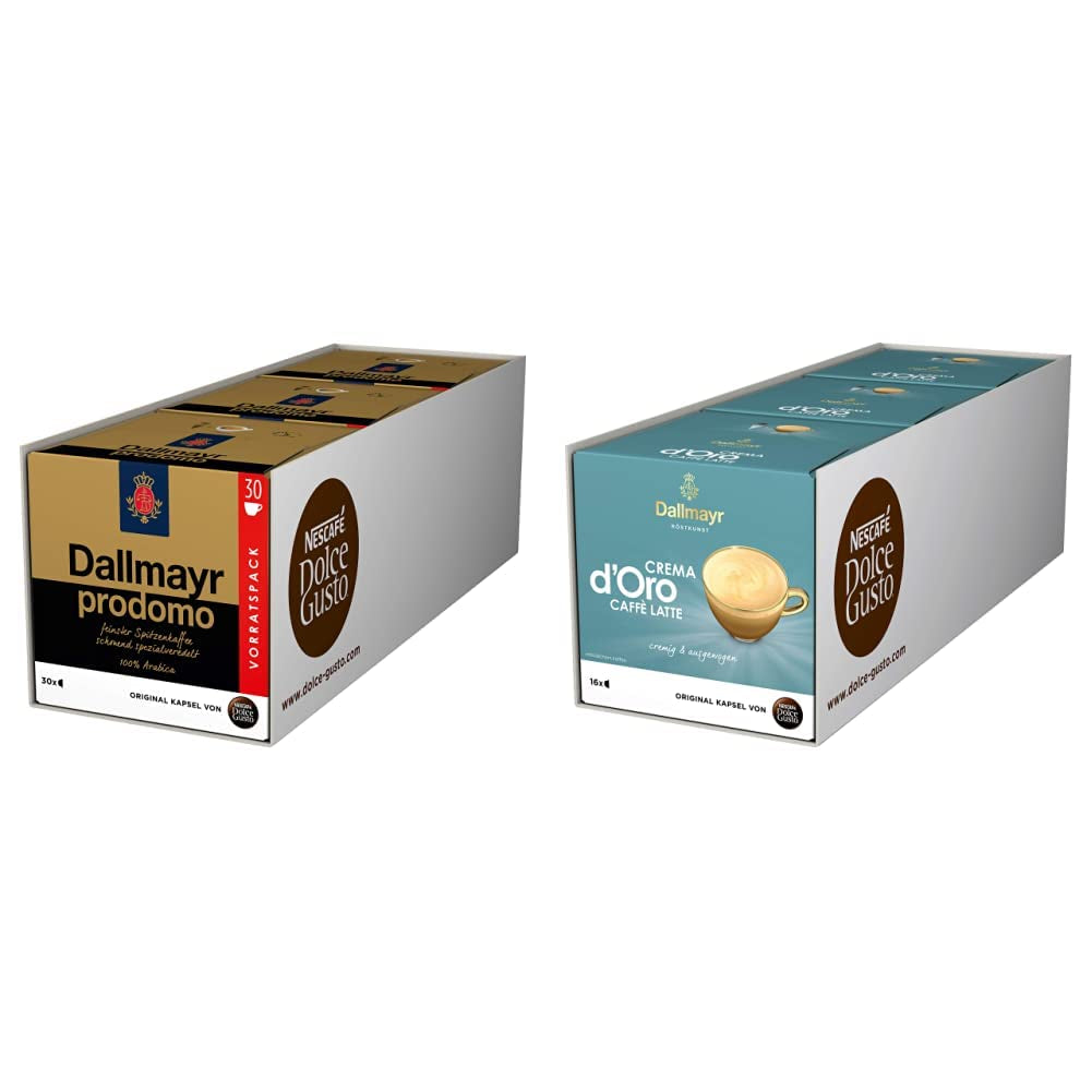 NESCAFÉ Dolce Gusto Dallmayr Prodomo, XXL-Vorratsbox, 90 Kaffeekapseln (3 x 30 Kapseln) & Dallmayr Crema d'Oro Caffè Latte (48 Kaffeekapseln, 48 Getränke, cremig&ausgefungen) 3er-pakket (3 x 16 Kapseln)