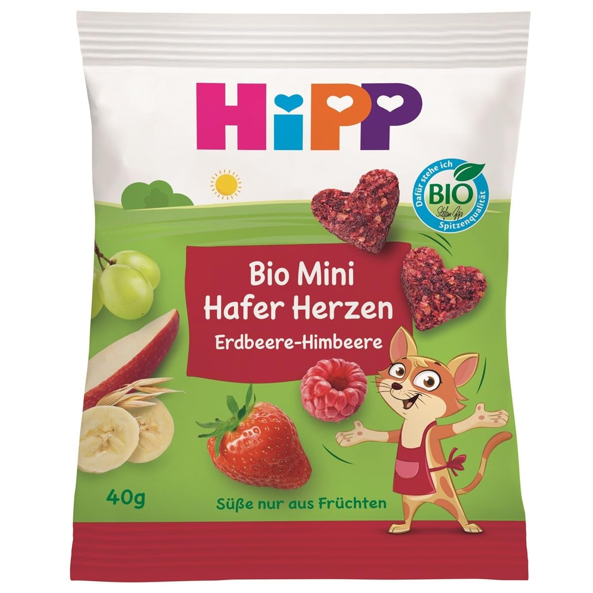 HiPP Mini Aardbei-FrambozenHaverharten (12 x 40 g), vanaf 1 jaar, biologische hartvormige snackreep, rijk aan granen en vezels, uitsluitend gezoet met fruit, van de beste biologische kwaliteit