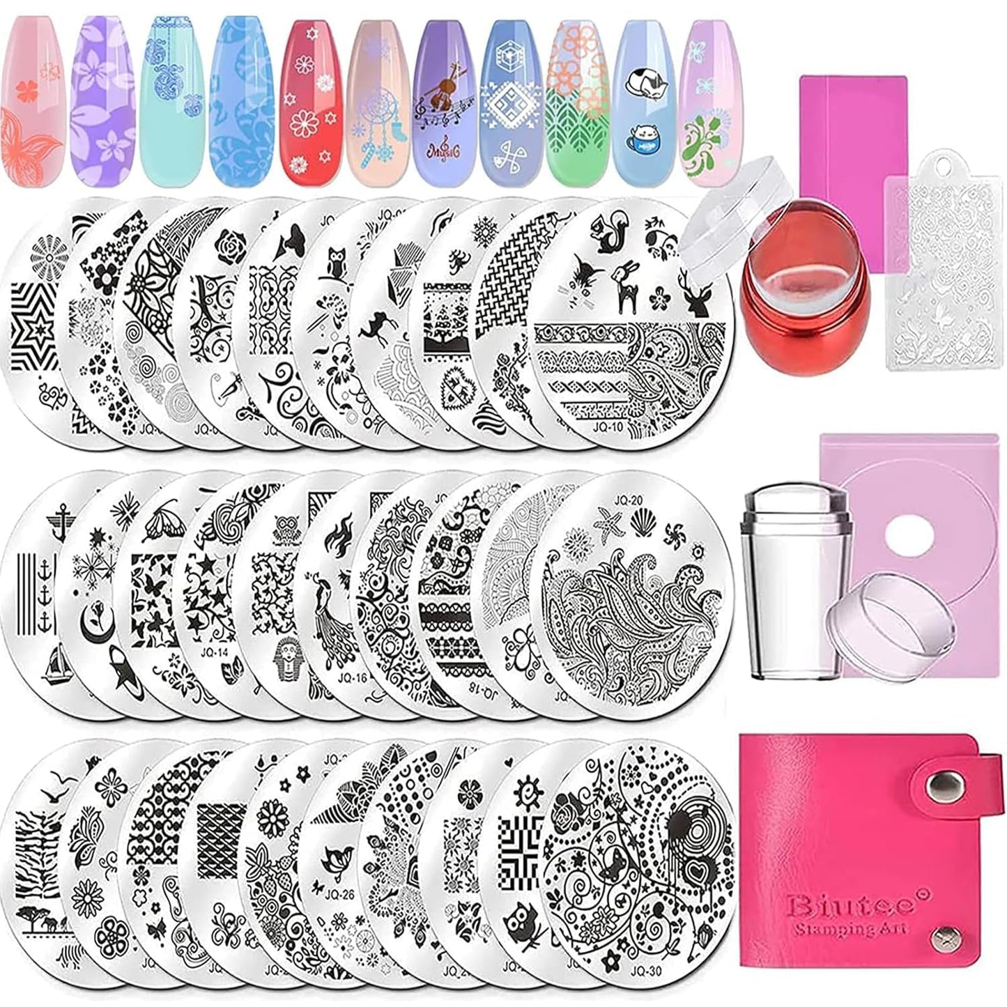 Biutee Nail Stamper 30-delige nagelstempelset nagelsjabloon nagelstempel dieren bloemen afbeeldingen nagelstempelplaat met 2 stempels 2 schrapers nageldesign accessoires Franse nagelstempel
