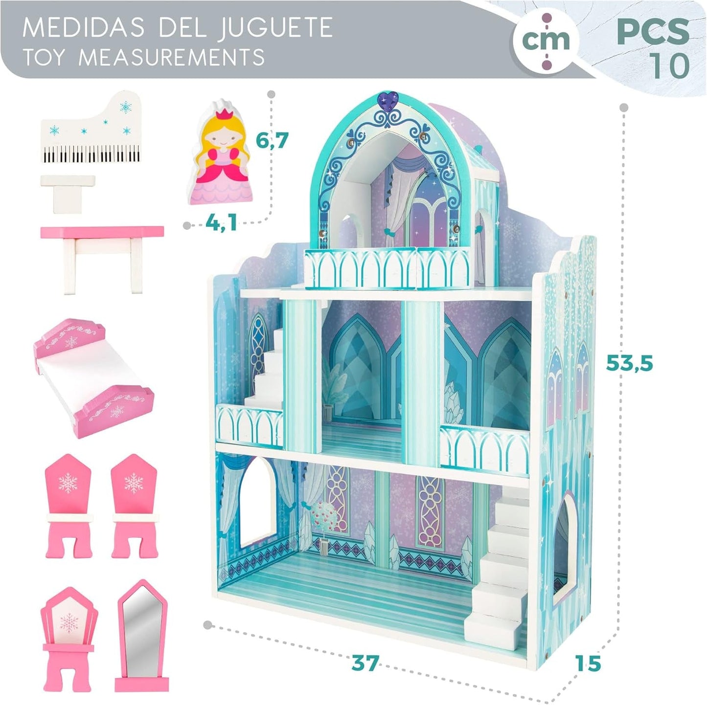 Houten poppenhuis, houten prinsessenkastelen, poppenhuizen, 3 verdiepingen, prinsessenkastelen, 9 houten stukken, 37x15x53,5cm, houten speelgoed, vanaf 3 jaar