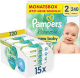 Harmonie Babyluierset maat 2 (4-8 kg, 240 stuks) MAANDDOOS en Harmonie Aqua Baby Natte Doekjes Box 720 Doekjes (15 x 48), Baby Essentials