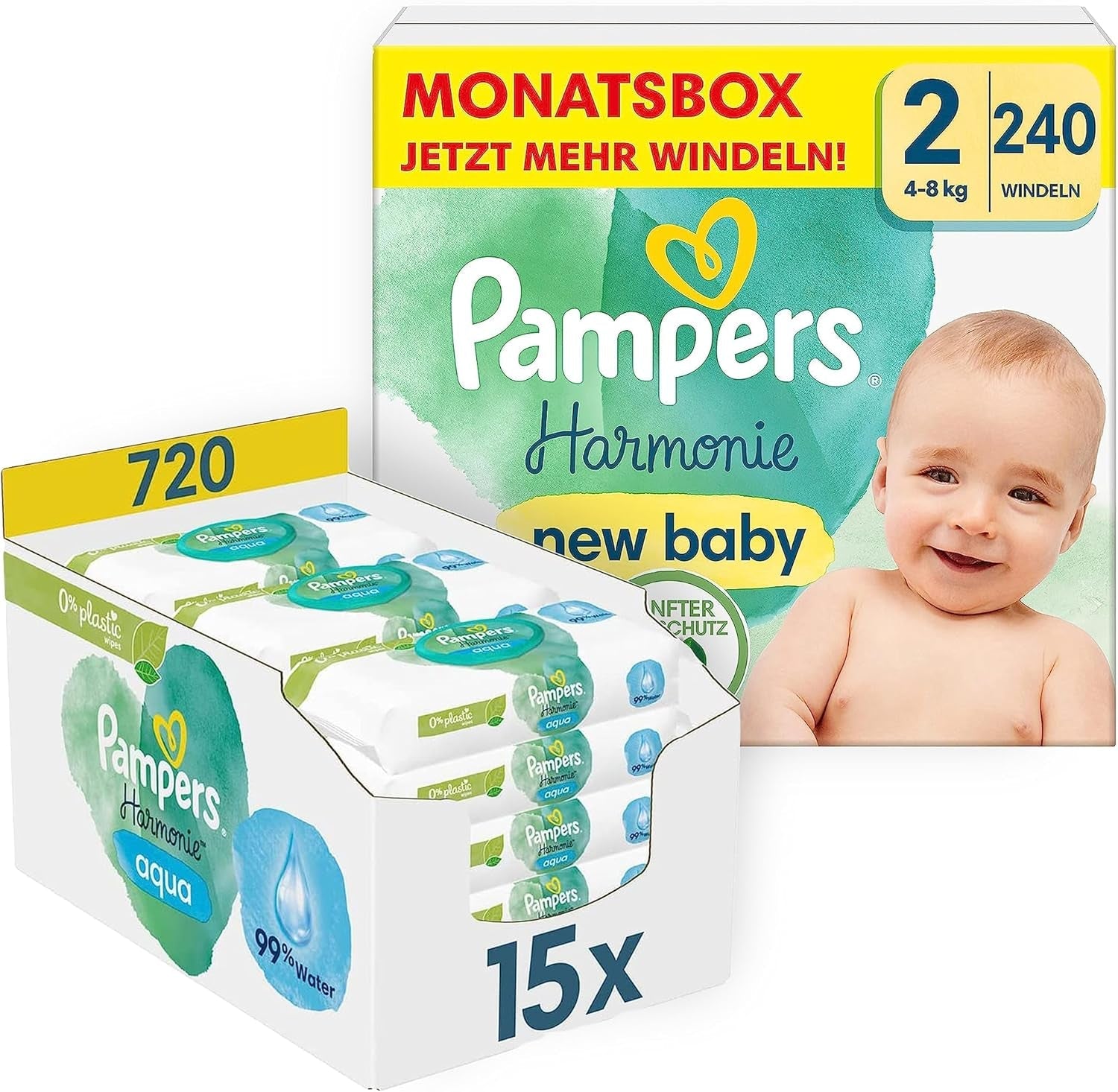 Harmonie Babyluierset maat 2 (4-8 kg, 240 stuks) MAANDDOOS en Harmonie Aqua Baby Natte Doekjes Box 720 Doekjes (15 x 48), Baby Essentials