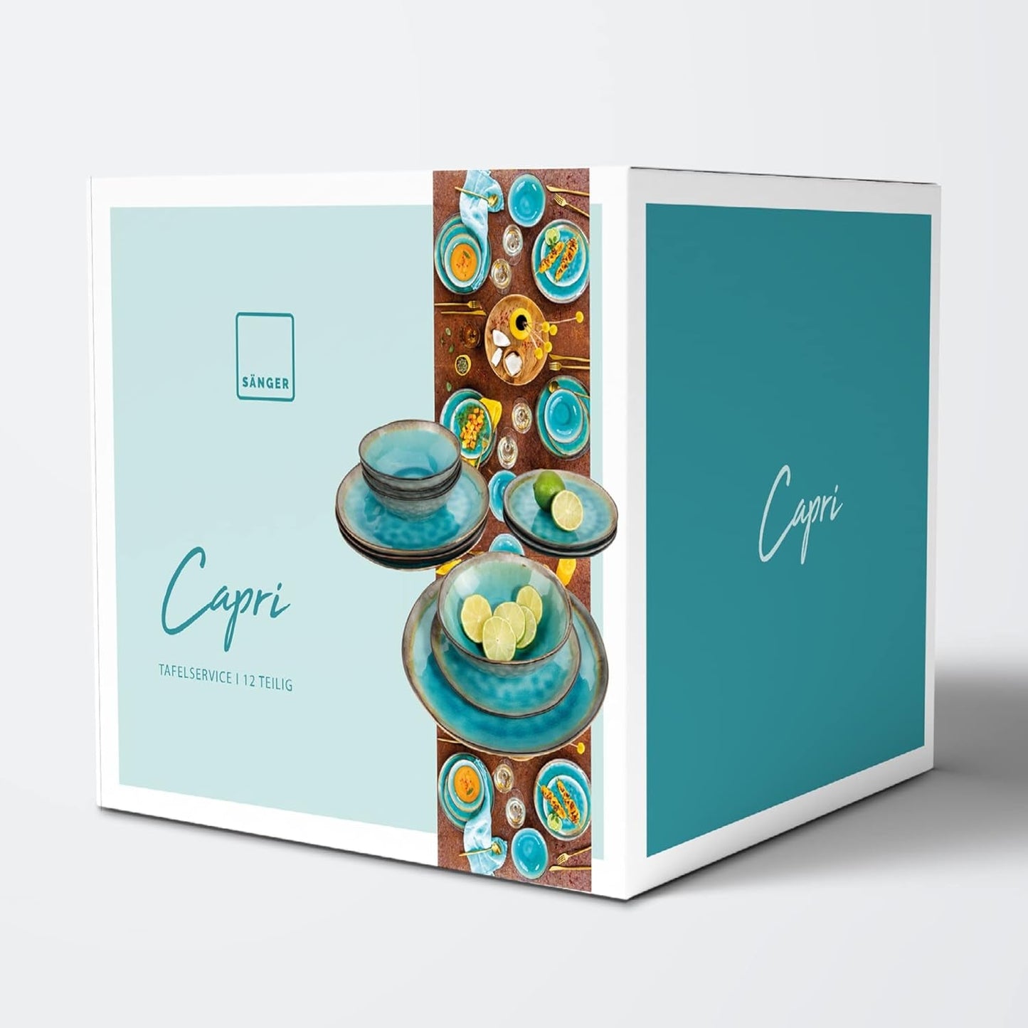 ZANGER | Capri Servies 12-delig Serviesset 4 Persoons Steengoed Servies Inclusief Dinerborden, Dessertborden en Suma Borden Handgemaakt Turquoise Serviesgoed met Grijze Rand | DE PREMIUM COLLECTIE