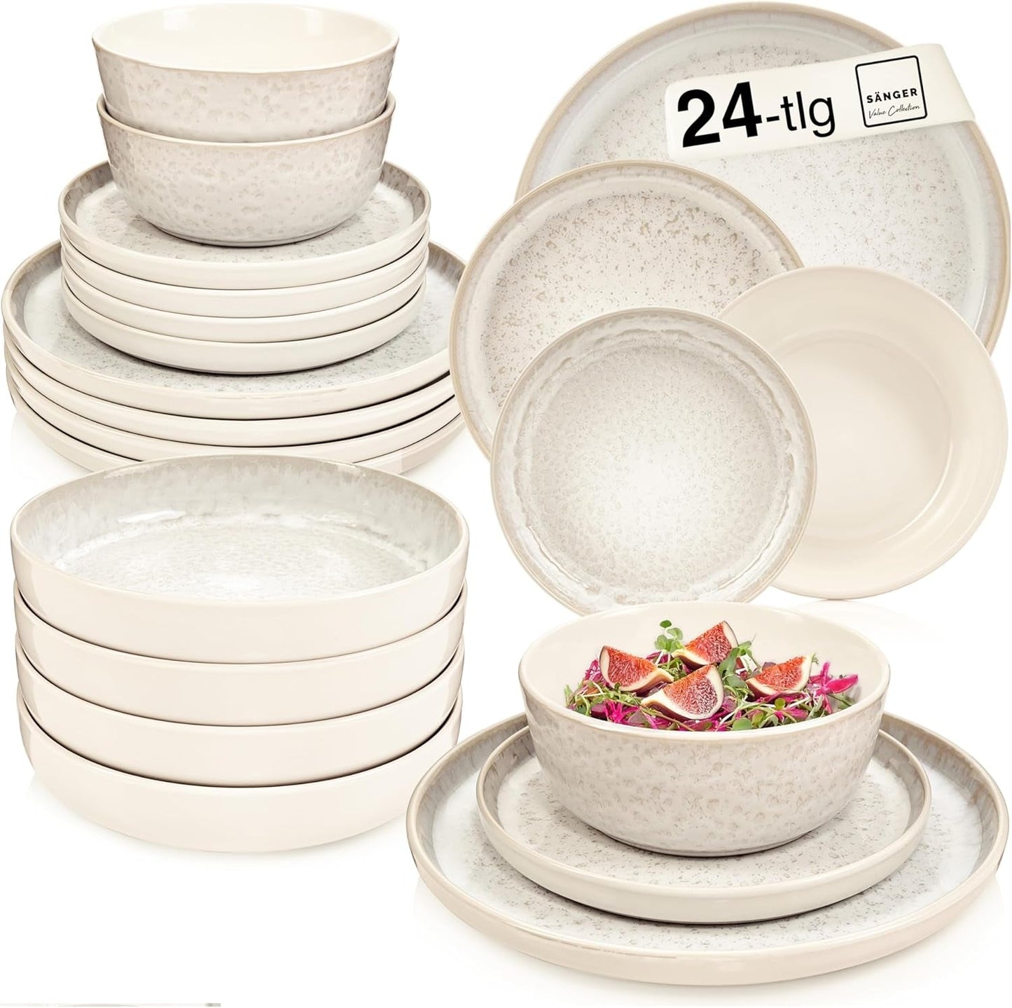 SÄNGER Key West | Serviesset van steengoed 24-delige dinerbordenset voor 6 6 dinerborden Mueslischalen Dessertborden Pastaschalen Crème Serviesgoed met zandtextuur | DE WAARDE-COLLECTIE