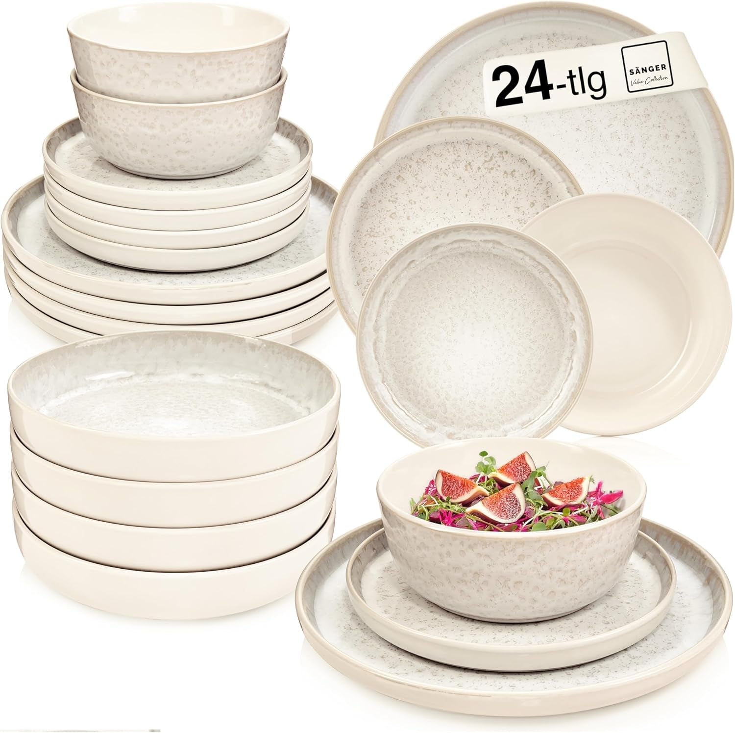SÄNGER Key West | Serviesset van steengoed 24-delige dinerbordenset voor 6 6 dinerborden Mueslischalen Dessertborden Pastaschalen Crème Serviesgoed met zandtextuur | DE WAARDE-COLLECTIE