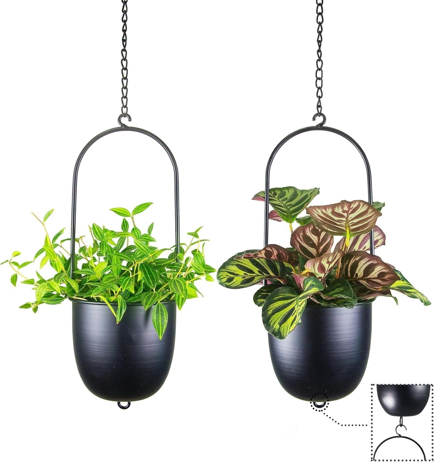 Hangende metalen bloempotten, 2 stuks, zwarte ovale geometrische plantenhanger met potten, moderne wand- en plafondplantenbak, binnen buiten, 15,2 cm, bloempotten, 2 stuks