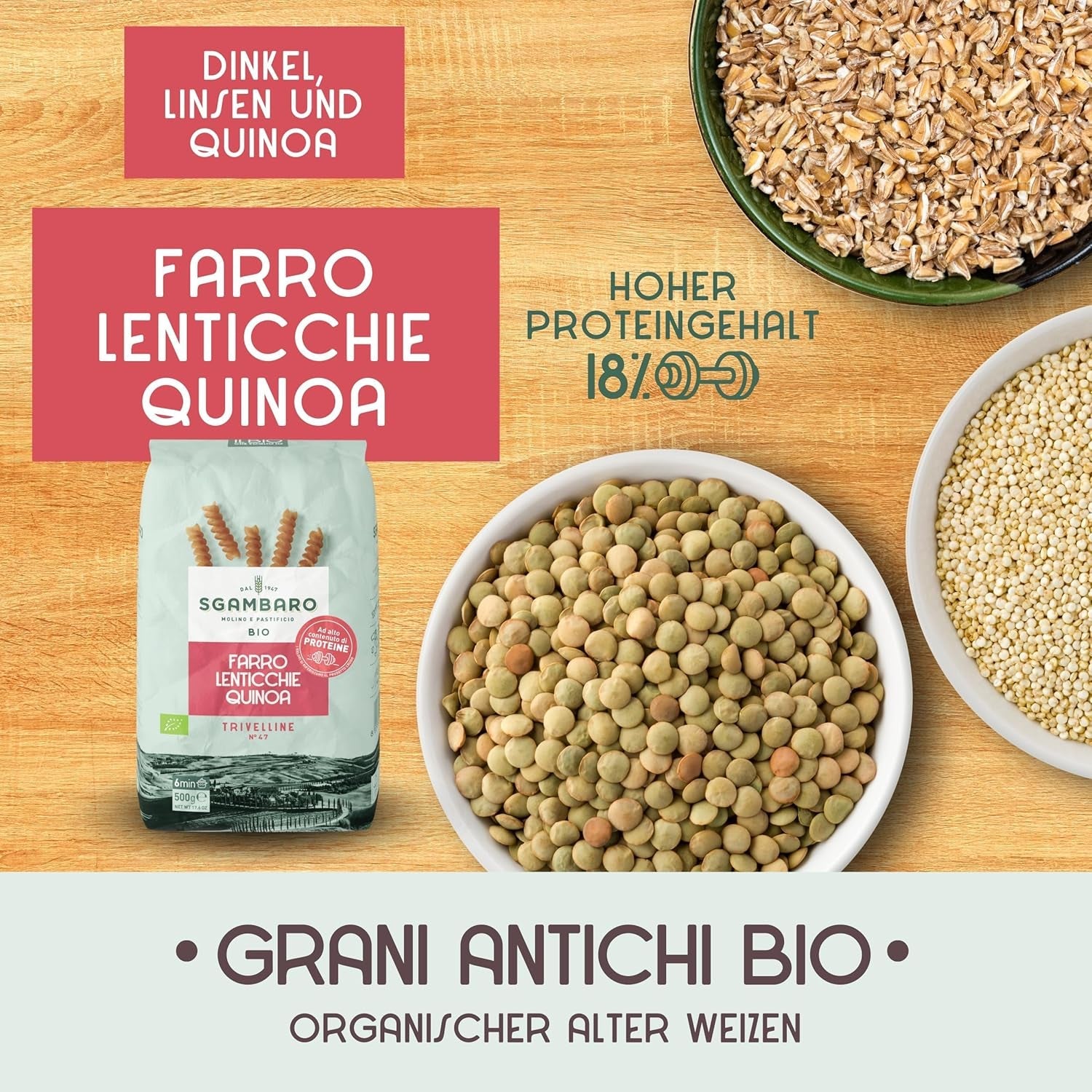 Biologische pasta Trivelline N.47 - 500g met speltmeel, linzenmeel en quinoameel - Rijk aan eiwitten, bron van vezels en eiwitten