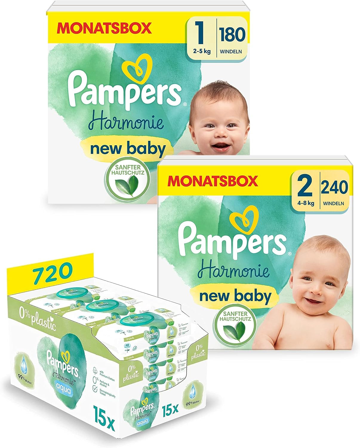 Harmonie Aqua Babyluierset Maat 1 (2-5 kg, 180 stuks), Maat 2 (4-8 kg, 240 stuks), Half Moon Box en Aqua Babydoekjes, 720 Doekjes (15 x 48), Baby Starter Kit
