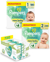 Harmonie Aqua Babyluierset Maat 1 (2-5 kg, 180 stuks), Maat 2 (4-8 kg, 240 stuks), Half Moon Box en Aqua Babydoekjes, 720 Doekjes (15 x 48), Baby Starter Kit