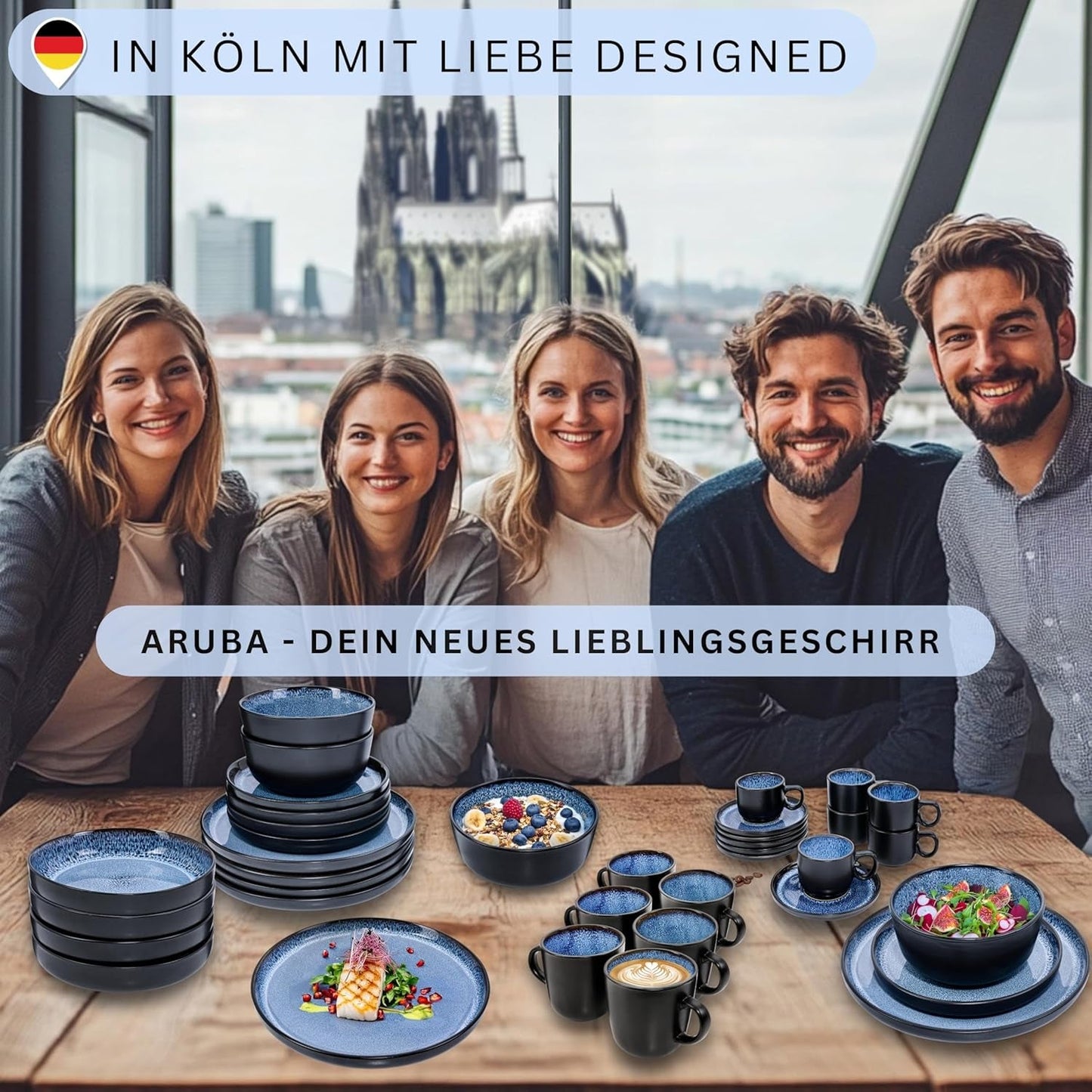 SÄNGER Aruba | Serviesset van steengoed voor 6 personen, 6 dinerborden, 6 ontbijtborden, 6 dinerborden, 6 pastakommen, blauw met zwarte rand | DE WAARDE-COLLECTIE