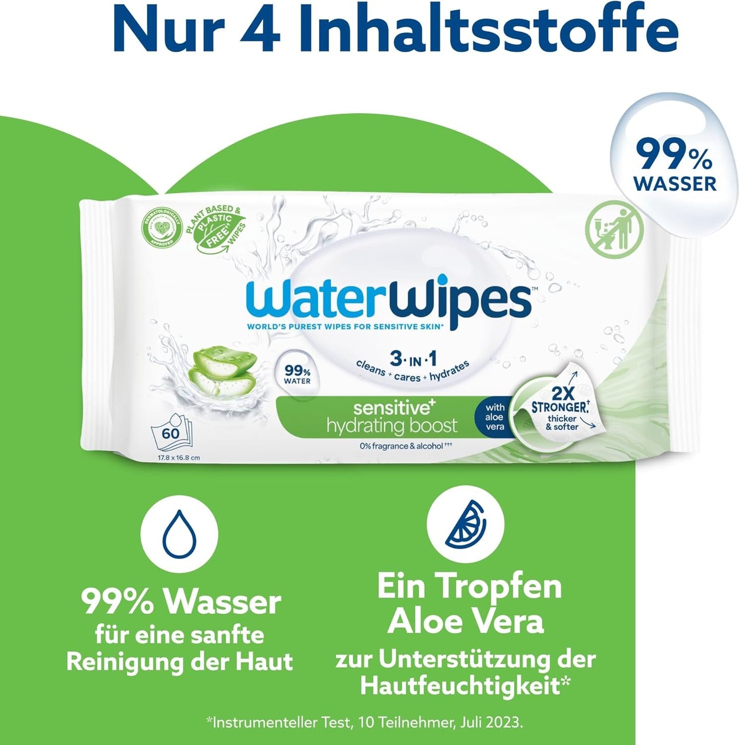 WaterWipes Sensitive+ Hydrating Boost Vochtige doekjes, Hydraterende doekjes, 360 stuks (6 stuks), 3 in 1 Schoon, Verzorgend, Hydrateren, 99% Aloë Vera Water, Ongeparfumeerde babydoekjes