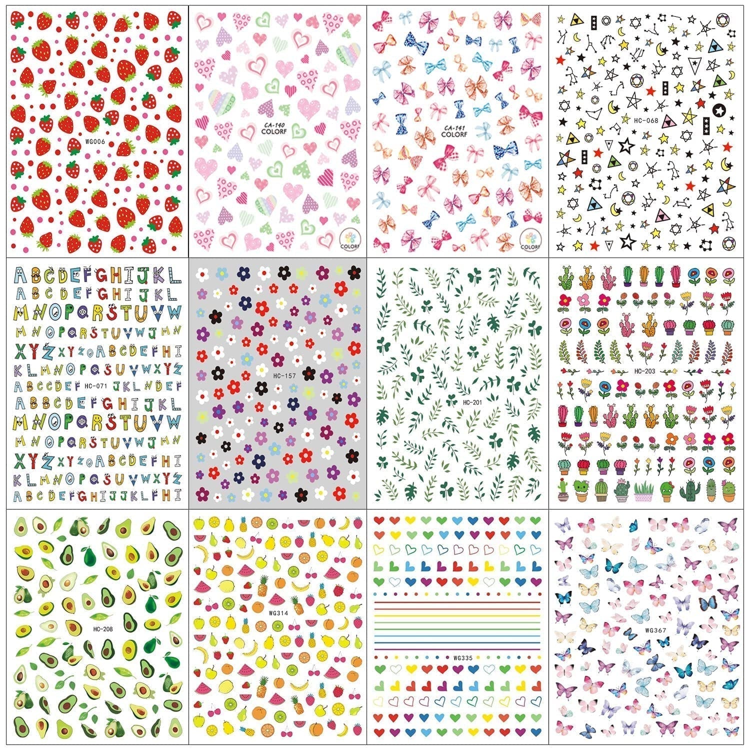 12 Blatt Nagelsticker Süß Kinder Nagelaufkleber Selbstklebend Weihnachtsblumen Blätter Tiere Pflanzen Früchte Nail Art Sticker Decoratie Nageldesign Zubehör