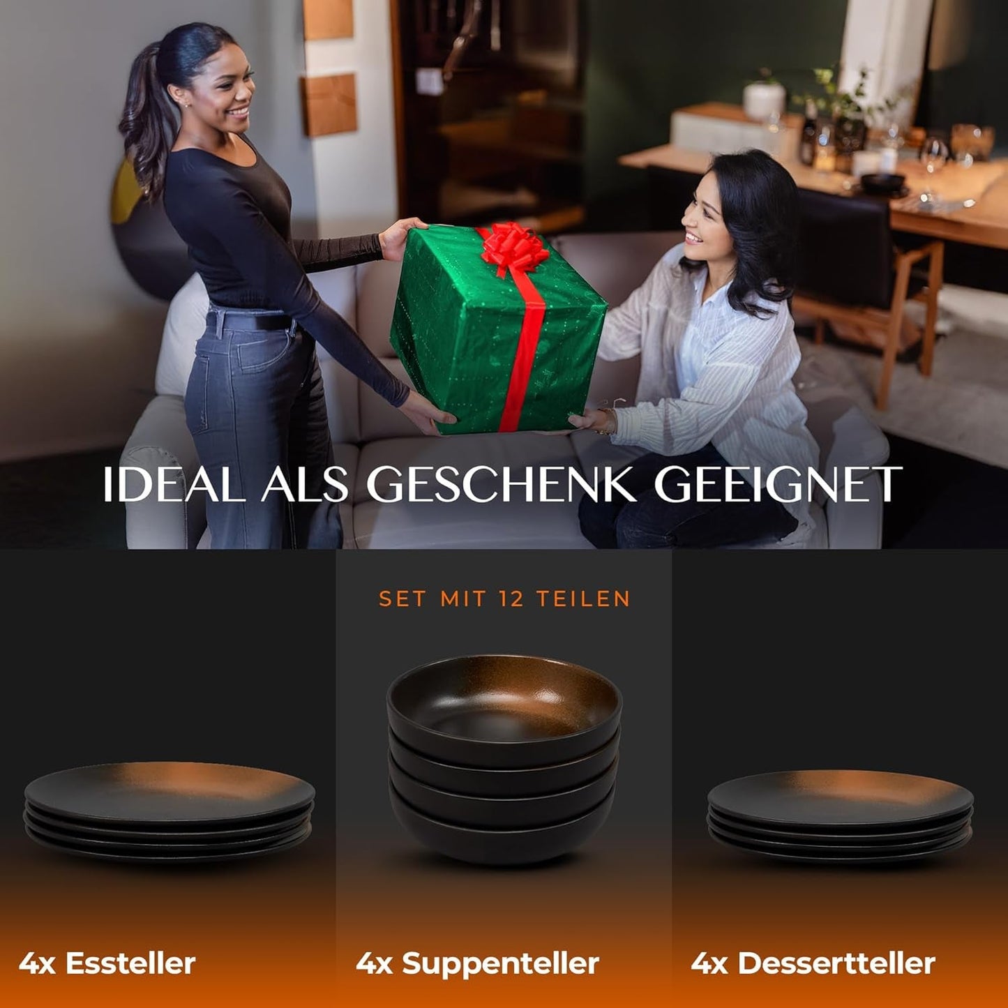 12-delige aardewerk serviesset - Prairie Line - elegant ontwerp in bruin/zwarte tinten, set van 4 dinerborden, 4 dessertborden en 4 dinerborden/Premium collectie