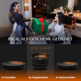 12-delige aardewerk serviesset - Prairie Line - elegant ontwerp in bruin/zwarte tinten, set van 4 dinerborden, 4 dessertborden en 4 dinerborden/Premium collectie