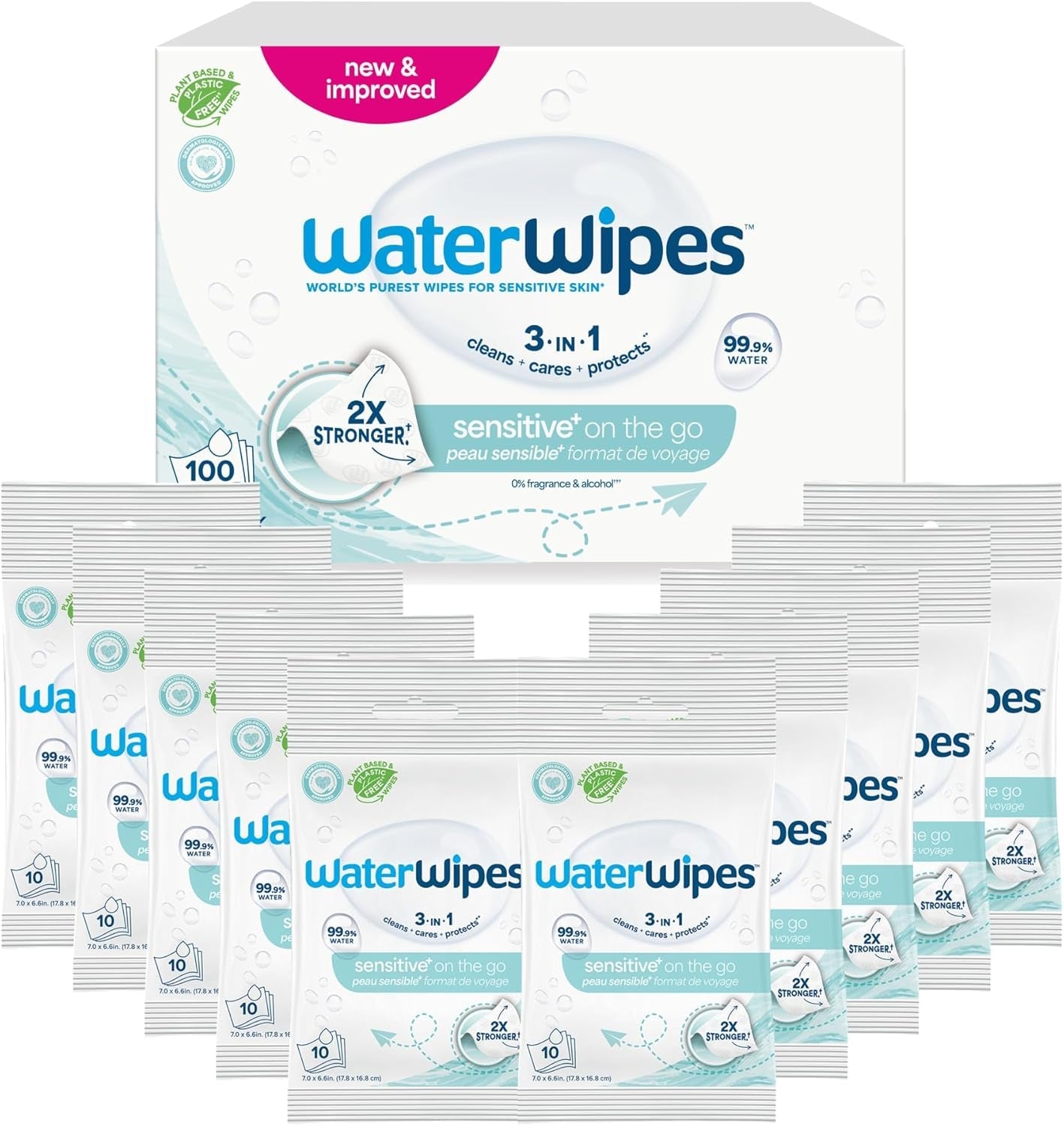 WaterWipes Sensitive+ Vochtige doekjes voor onderweg, 100 doekjes (10 stuks), 3 in 1 Reinigt, verzorgt, beschermt, 99,9% water, geurvrije doekjes