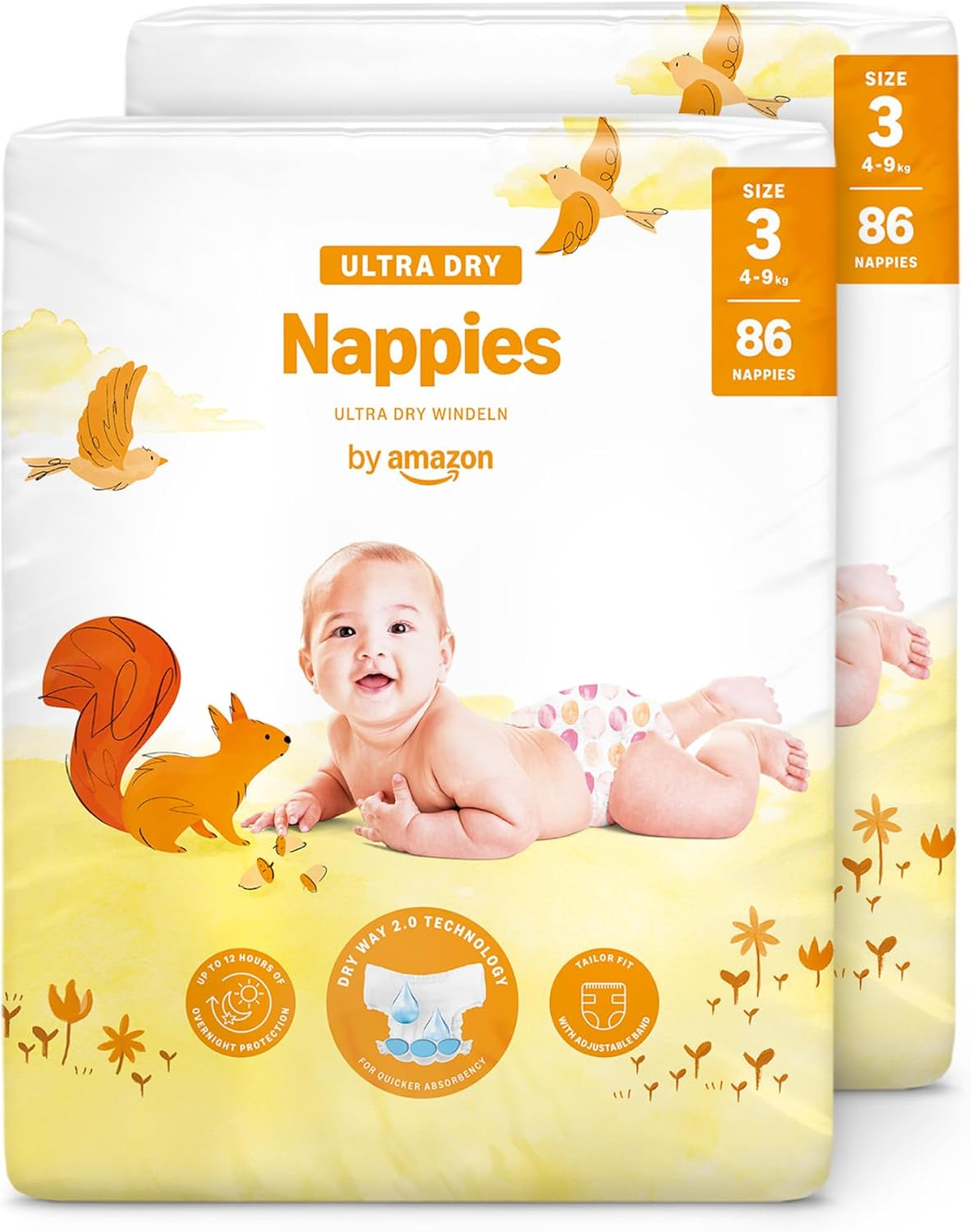 Amazon Ultra Dry-luiers, maat 1 (2-5 kg) - maanddoos, wit, 96 stuks (2 verpakkingen van 48) (voorheen merk Mama Bear, identiek product)