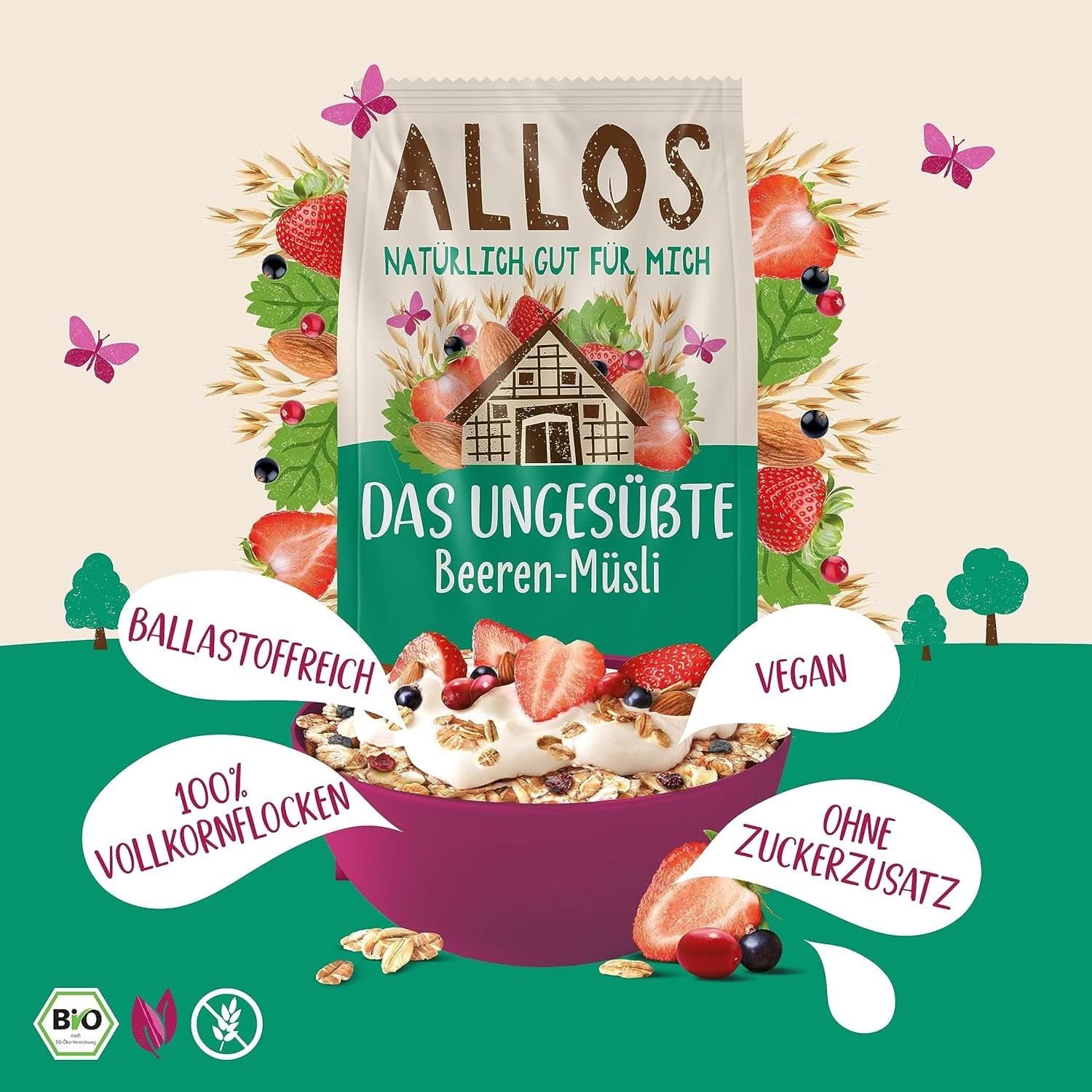 Allos, ongezoete bessenmuesli, verpakking 5 x 500 gram Granen Naty Shop
