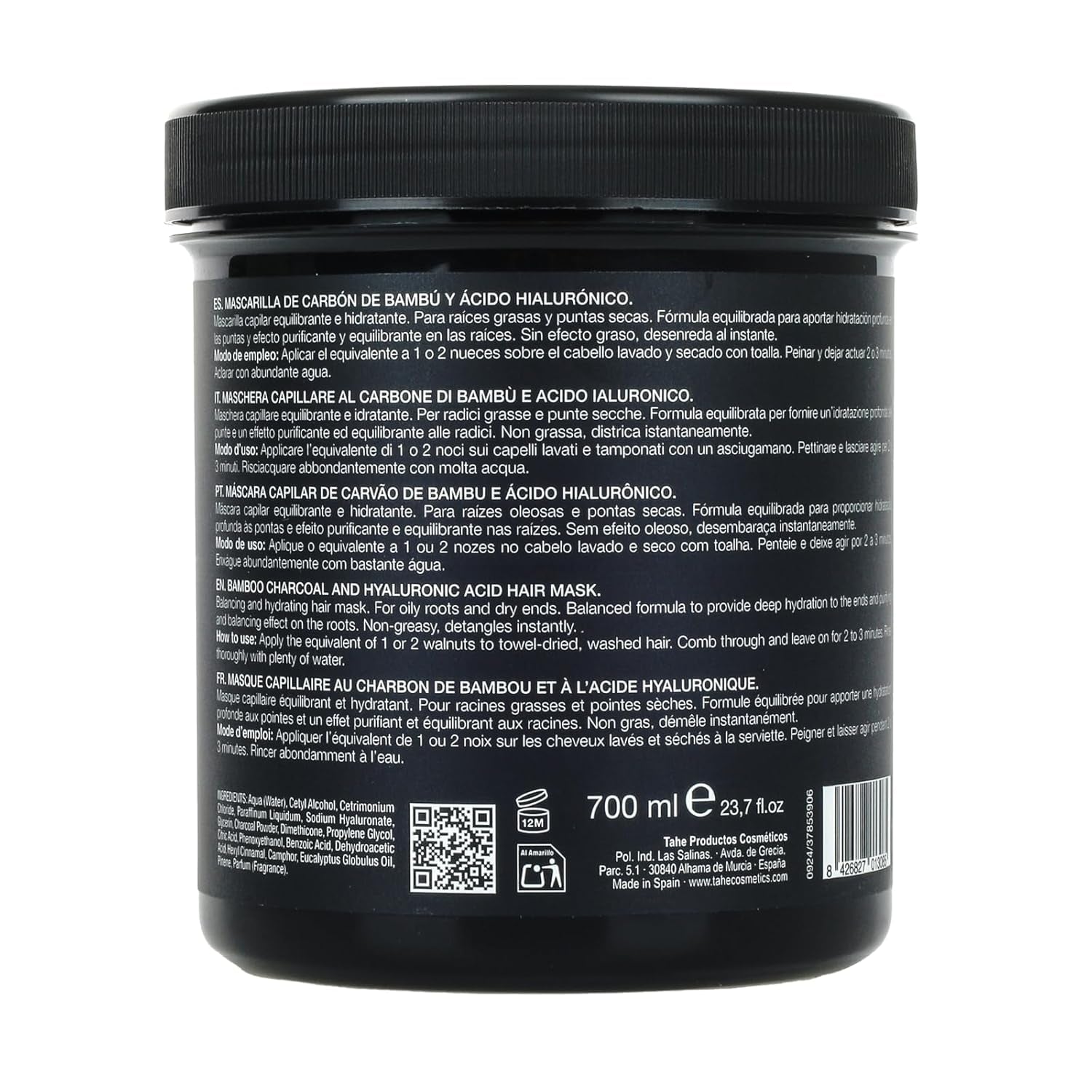 Thader Pharma Evenwichtig haarmasker met bamboehoutskool en hyaluronzuur - Ideaal voor vette wortels en droge punten, 700 ml Naty Shop Haarmasker