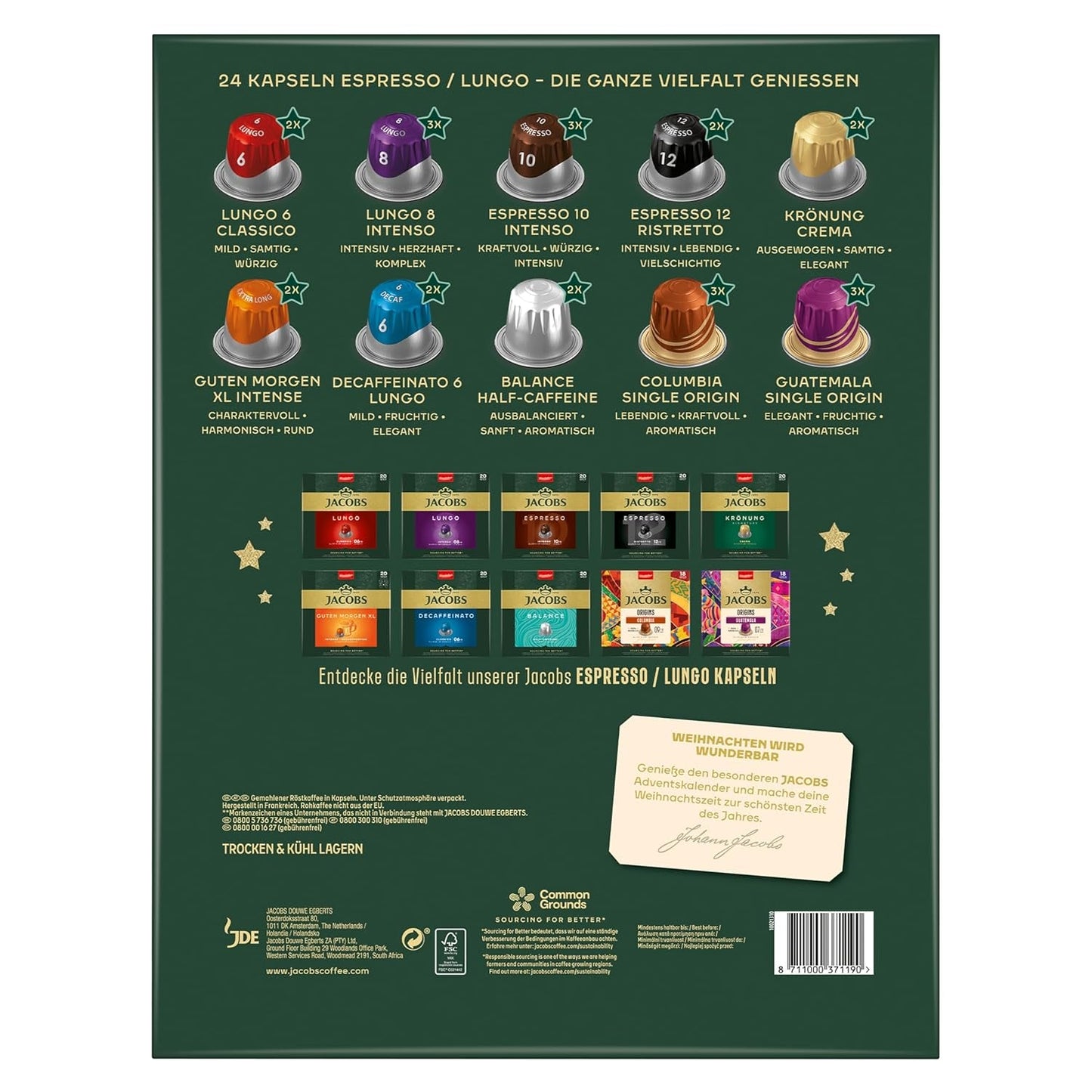 Jacobs Kapsel Adventskalender, 24 Espresso/Lungo Kapseln, Nespresso* compatibel Kaffee Kapseln, 24 Kapseln