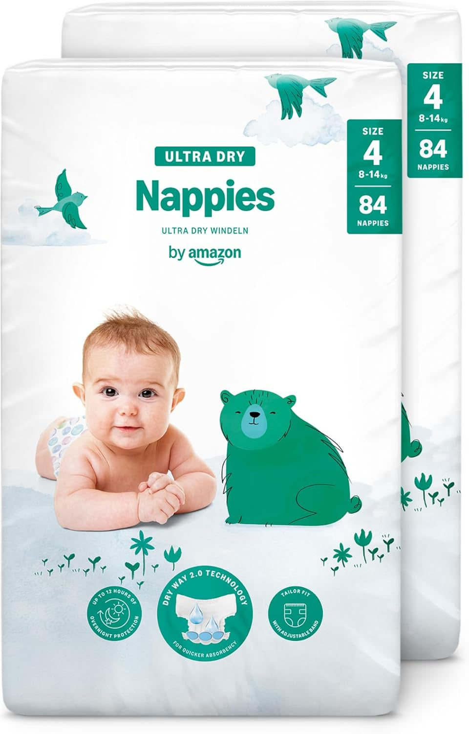 Amazon Ultra Dry-luiers, maat 1 (2-5 kg) - maanddoos, wit, 96 stuks (2 verpakkingen van 48) (voorheen merk Mama Bear, identiek product)