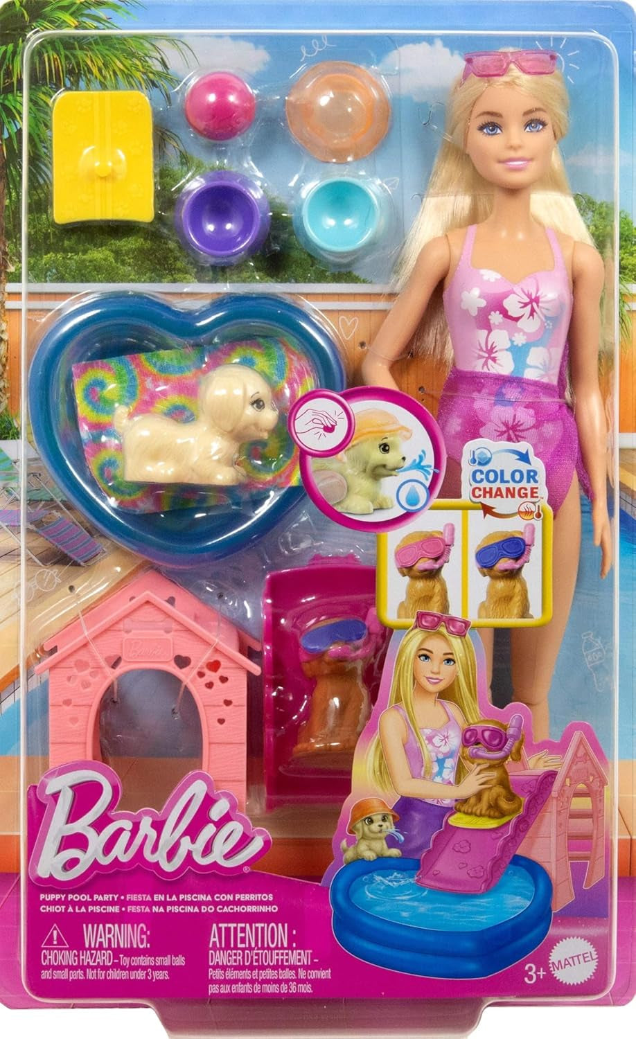 Barbie Puppy Pool Party-speelset met modepop, hondenhuis en glijbaan, hartzwembad, 2 hondenfiguren, 6 accessoires en kleurwisselaar, JBF35