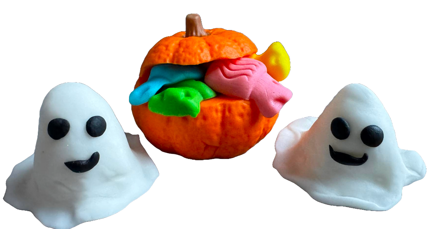 Set van 3 eetbare decoraties van suikerpasta, Halloween, geesten en pompoen met snoepjes Sugarpaste Decorations Naty Shop