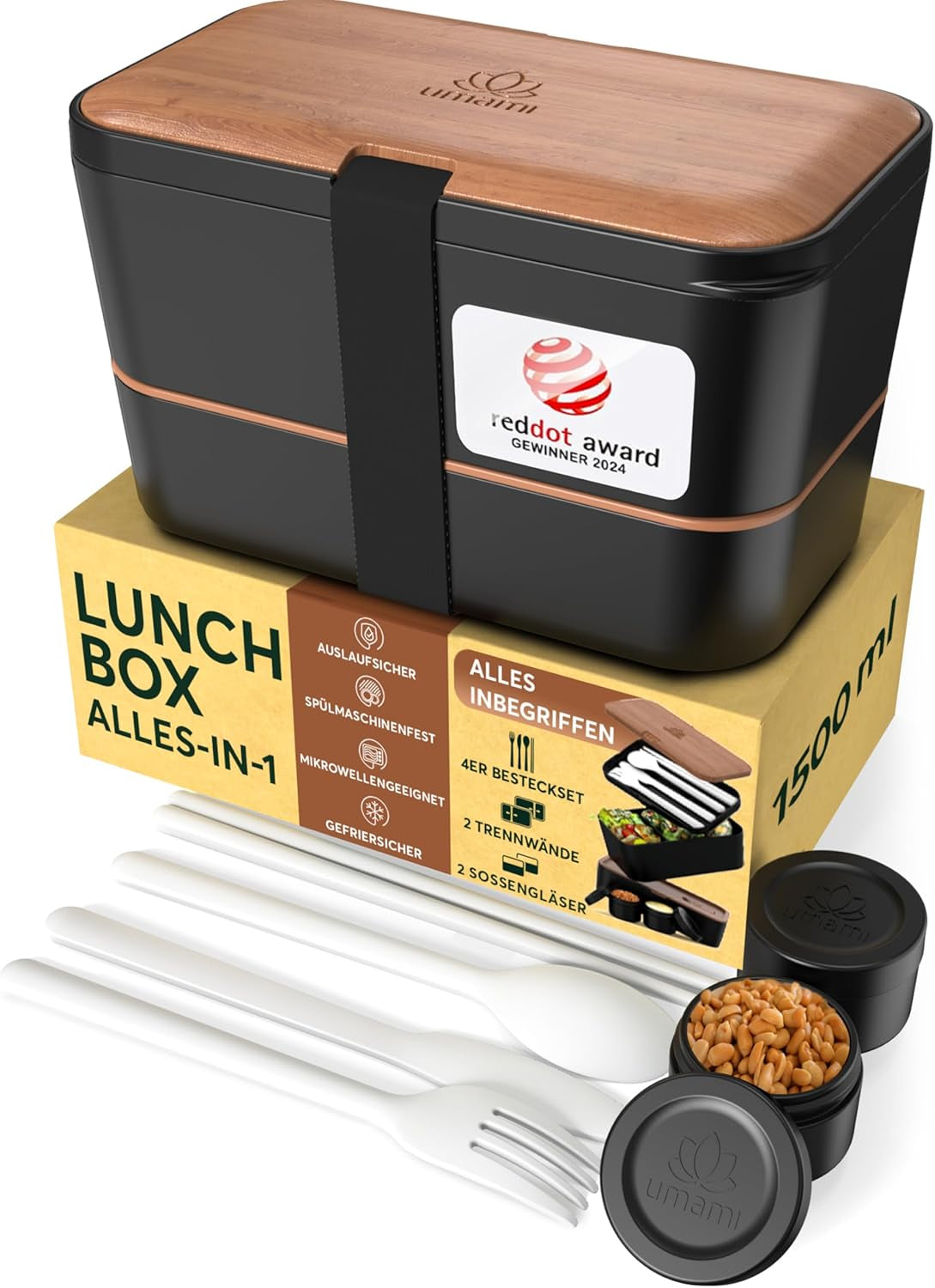 Umami lunchbox voor volwassenen, lekvrije stapelbare bentobox met 4 bestek en vakken, lunchbox voor volwassenen, saladecontainer voor onderweg, picknick-/kantoorlunchbox, houtskoolgrijs, 1500 ml