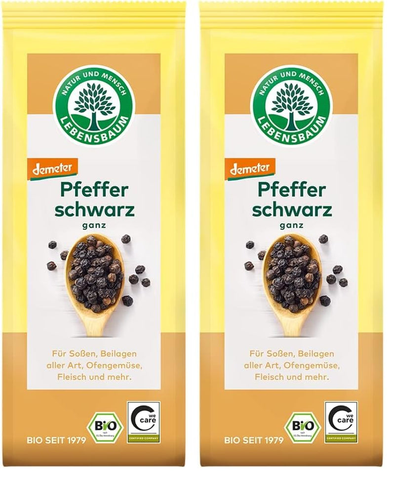 Lebensbaum Schwarzer Pfeffer, fruitig scharfer Genuss, Bio-Pfeffer für Sossen, Beilagen aller Art, Ofengemüse & Fleisch, ganz, 50 g
