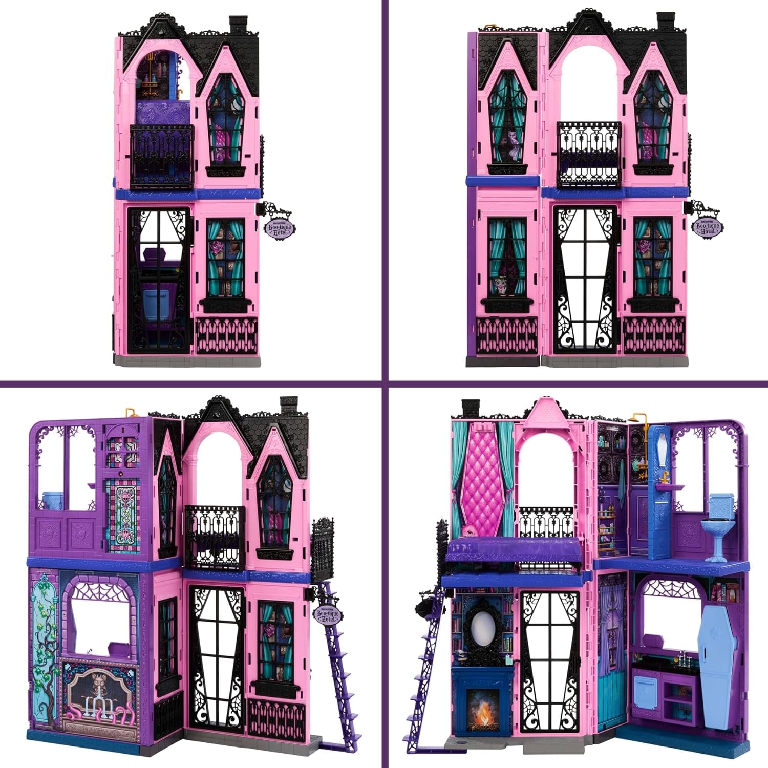 Monster High Buh-tique Hotel Poppenhuis, opvouwbare speelset met enge verrassingen in elke kamer en 13+ speelsets, inclusief meubels en accessoires, JBF16