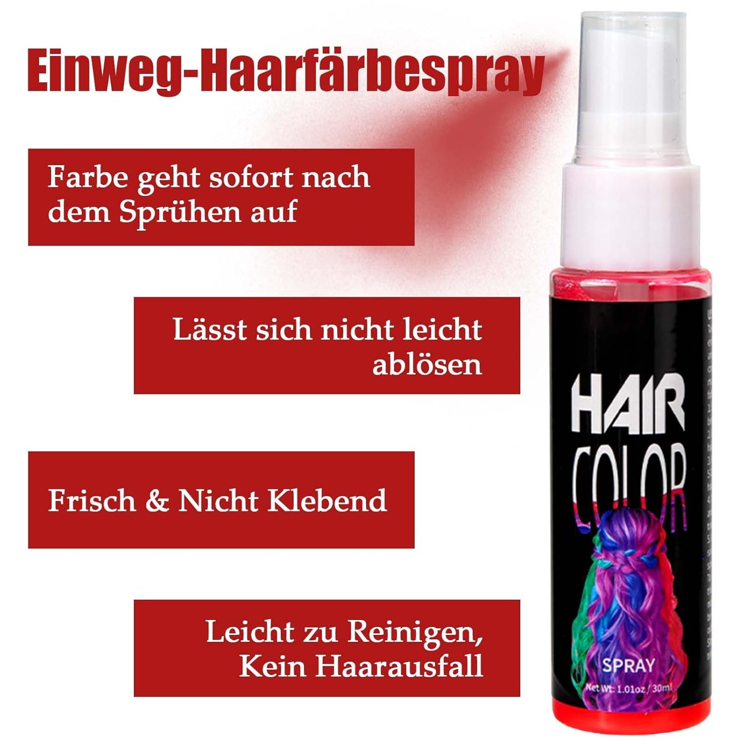 Haarlakkleur, Tijdelijke rode haarverfspray, Gekleurde rode haarverf, Wasbare haarverf, Levendig rode haarkleurspray, Instant haarverf, Carnavalshaarverf, Halloween, Cosplay, Feesthaarverf Naty Shop