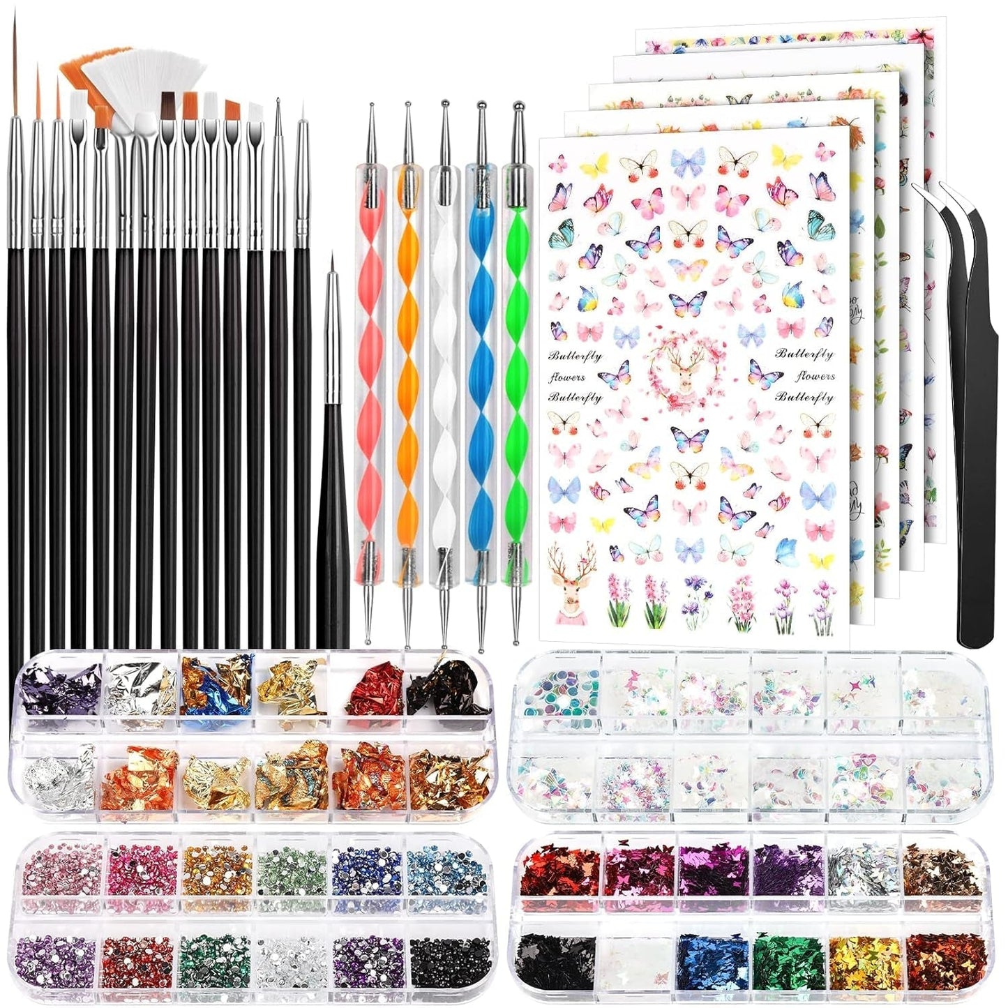 FANDAMEI Pinsel Für Gelnägel, 15 stuks Nagel Pinsel, 5 Blätter Nagelsticker, Strasssteine ​​​​Nägel, Nageldesign Set, Nageldesign Zubehör, Nail Art Pinsel Set, Nailart Pinsel en decoratieset