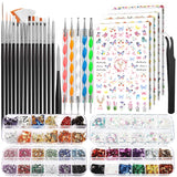 FANDAMEI Pinsel Für Gelnägel, 15 stuks Nagel Pinsel, 5 Blätter Nagelsticker, Strasssteine ​​​​Nägel, Nageldesign Set, Nageldesign Zubehör, Nail Art Pinsel Set, Nailart Pinsel en decoratieset