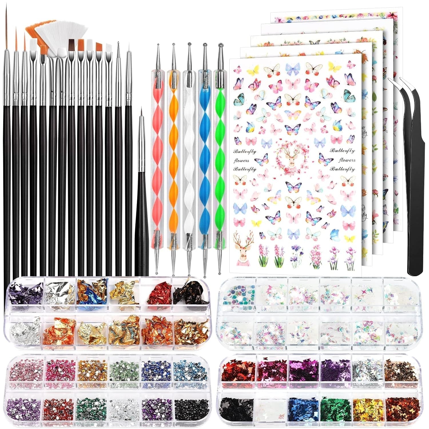 FANDAMEI Pinsel Für Gelnägel, 15 stuks Nagel Pinsel, 5 Blätter Nagelsticker, Strasssteine ​​​​Nägel, Nageldesign Set, Nageldesign Zubehör, Nail Art Pinsel Set, Nailart Pinsel en decoratieset