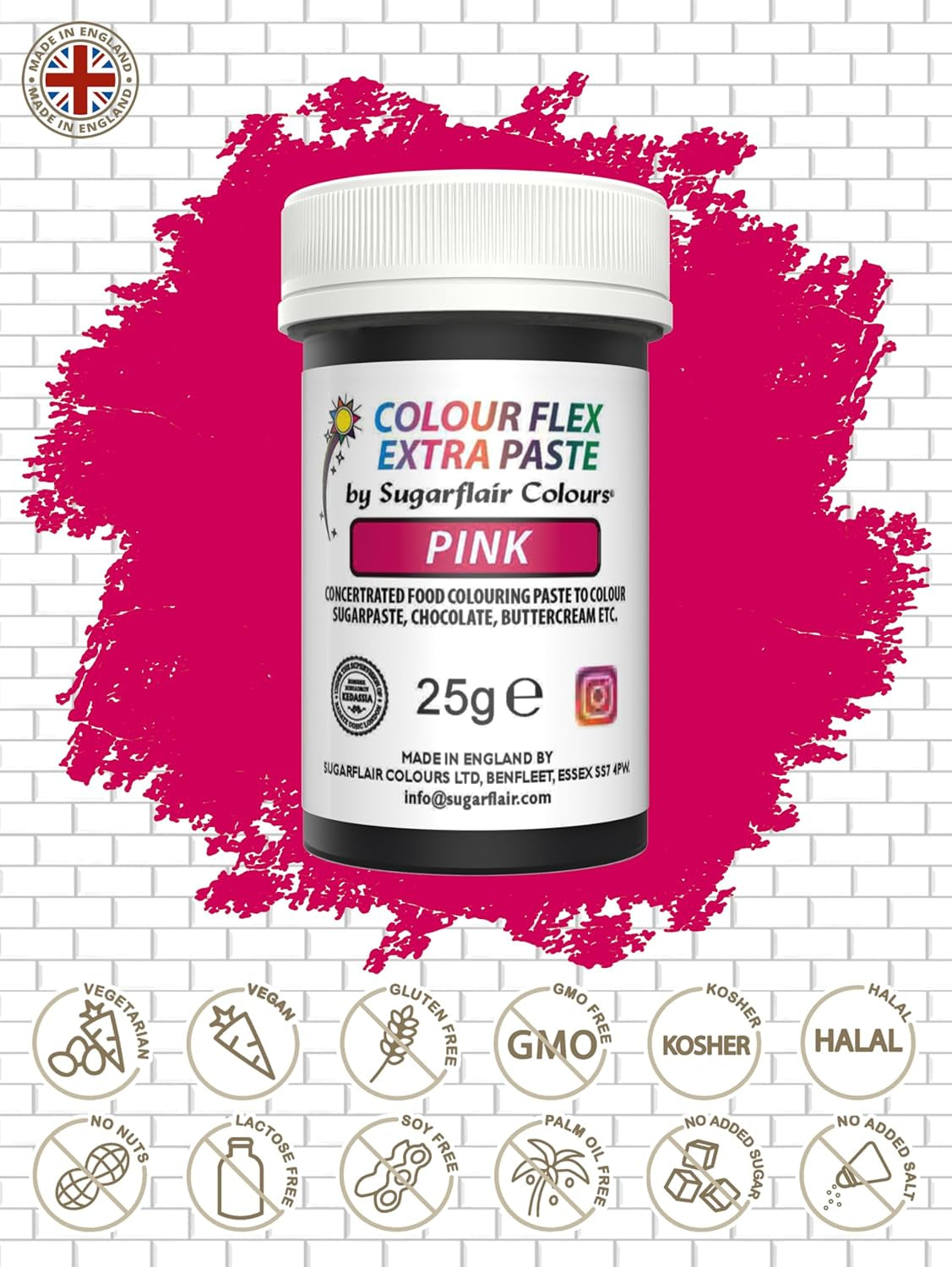 Kleurstofpasta Sugarflair Colourflex Extra Pink Paste - Eetbare kleurstof voor botercrème, chocolade, suikerpasta, glazuur, fondant, cakemixen, deeg en meer - 25g