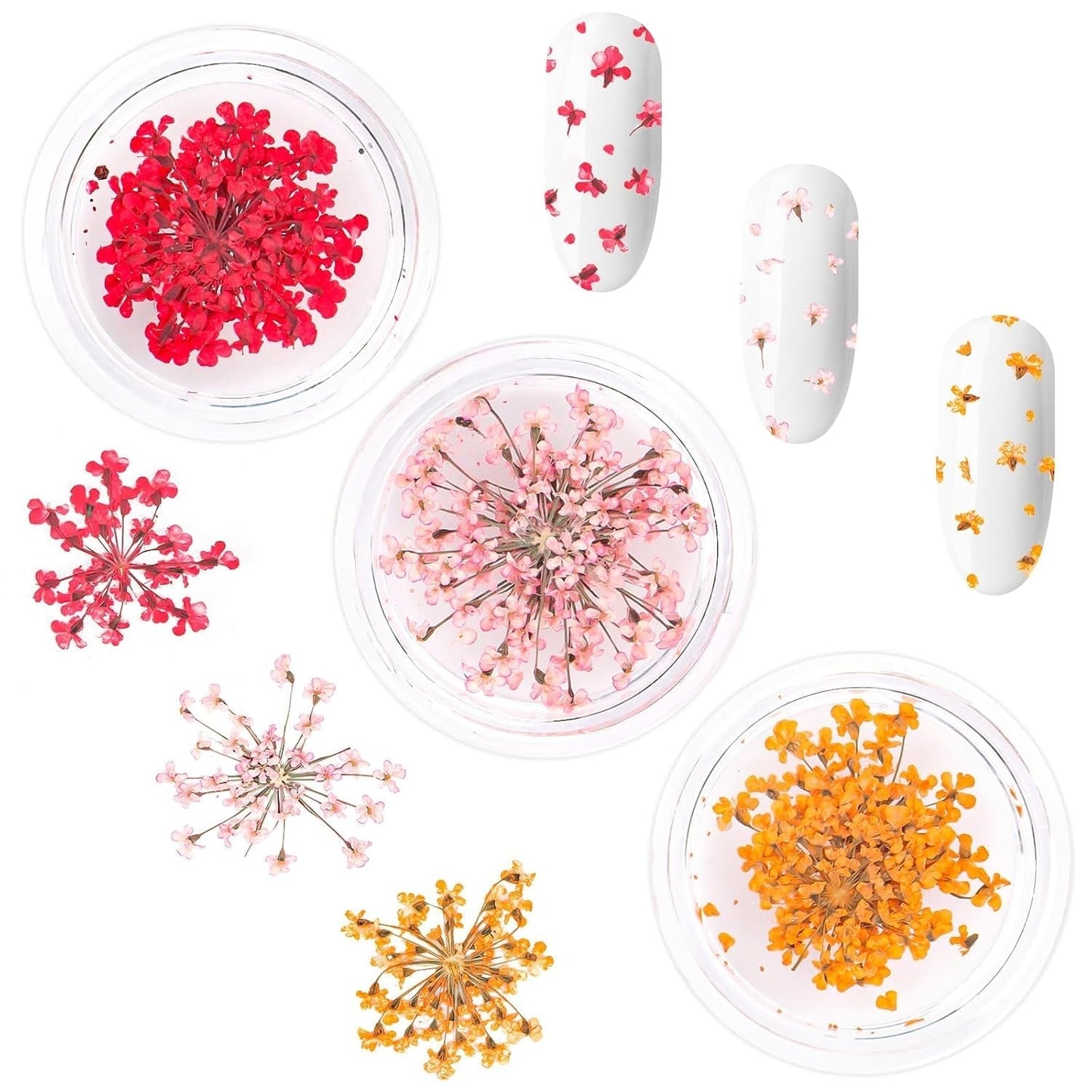 Nail Art Bloemen Set Decoratie - Gelnagels 3 kleuren (Oranje, Blassrosa, Roos), Nail Art Aufkleber Trockene Blumen Kit Getrocknete Blumen Zubehör Set DIY Nageldecoratie