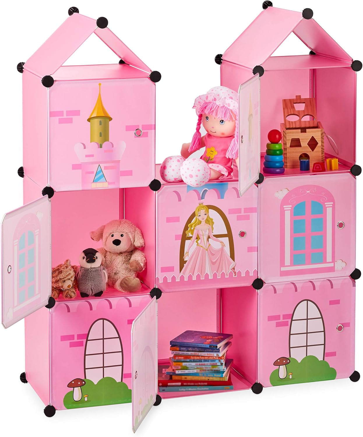 Relaxdays modulaire plank voor kinderkamers, prinsessenkasteelontwerp, kunststof, doe-het-zelfkast met deuren, HL: 128 x 110 x 37 cm, roze