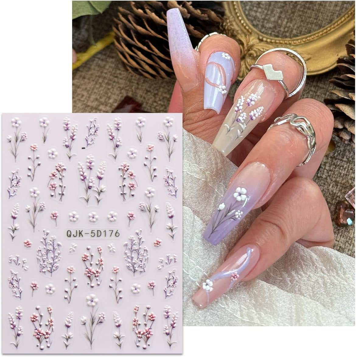 JMEOWIO 3D Nagelsticker Blumen Nail Art Sticker Selbstklebend Nagelaufkleber 5D Stereoskopisch Frühling Zomer Decoratie Nageldesign Zubehör 4 Blatt