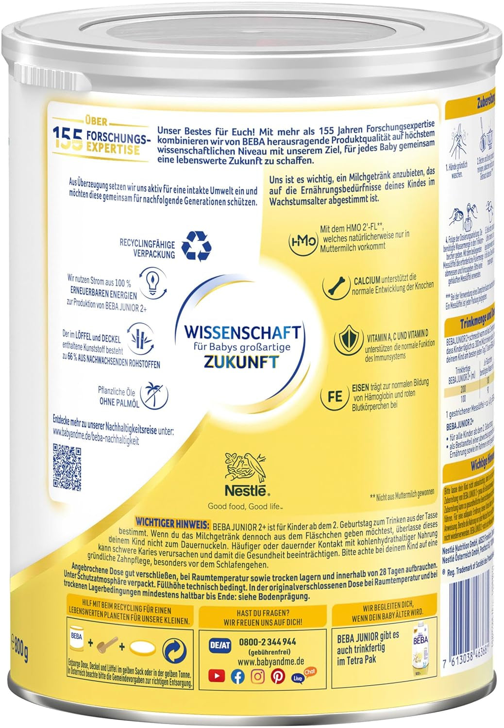 BEBA Junior 2+ melkdrank vanaf 2 jaar, Met HMO, Aan de leeftijd aangepast eiwitgehalte, Alleen lactose, Geen palmolie, Geen visolie, Peutervoeding, Babymelkpoeder, Pak van 3 (3 x 800 g)