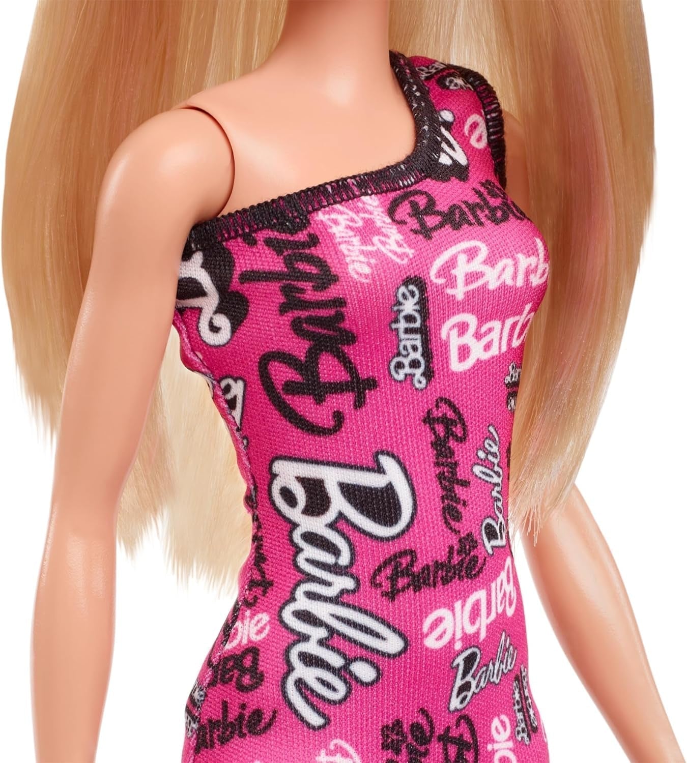Barbie-modepop met steil blond haar in roze stretchjurk met één schouder en schoenen met logoprint HRH07 Naty Shop-poppen