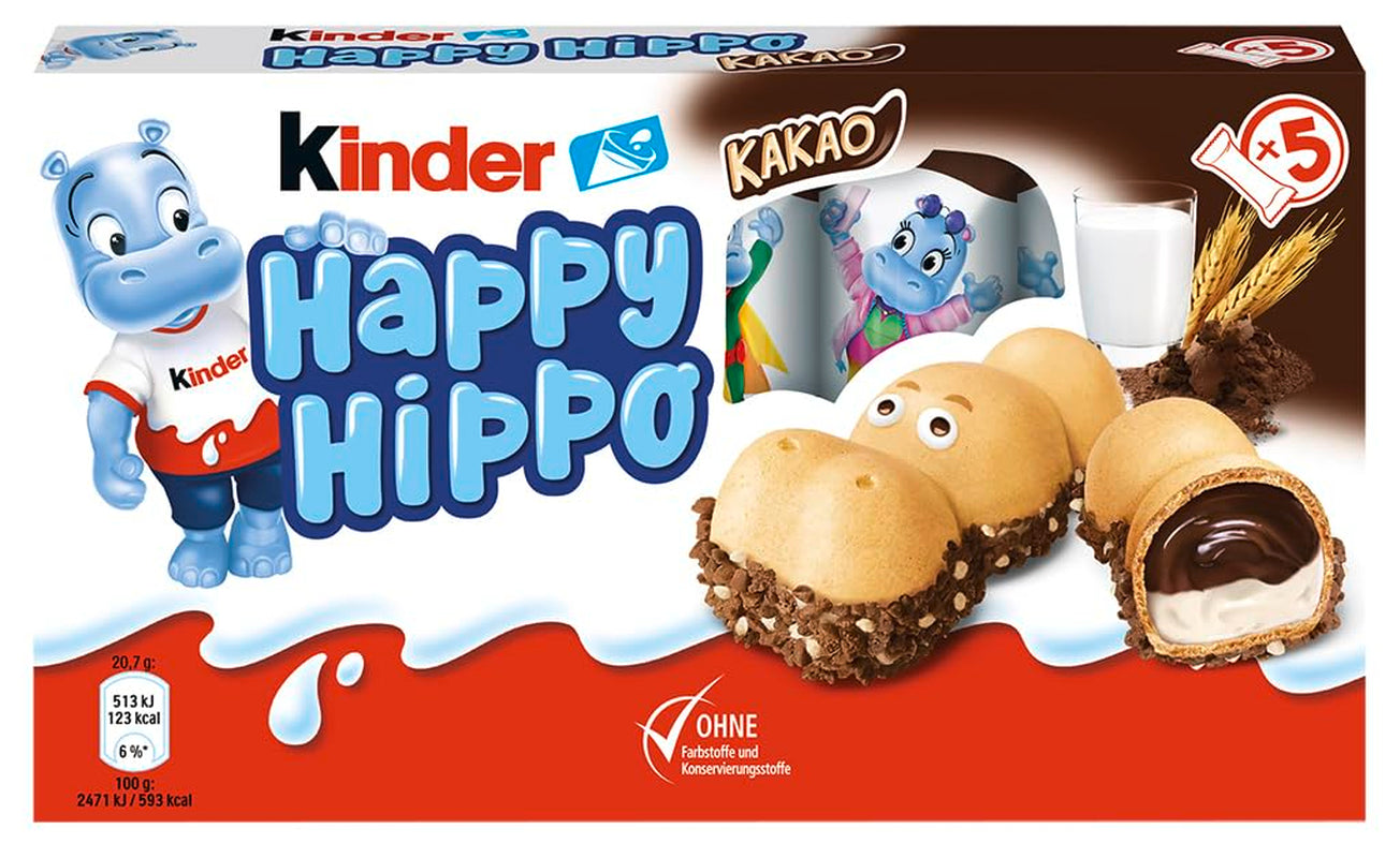 Kinder Happy Hippo Hazelnoot - Speciale knapperige wafels met melk en hazelnootcrème - Carnaval- en Mardi Gras-snoepjes - 1 pakje met 5 individuele repen van elk 20,7 g