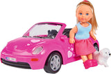 Simba 105731539 - Evi Love Beetle Evi's, Evi met auto, auto: 22 cm, met hond, modepop, 12 cm, voor kinderen vanaf 3 jaar