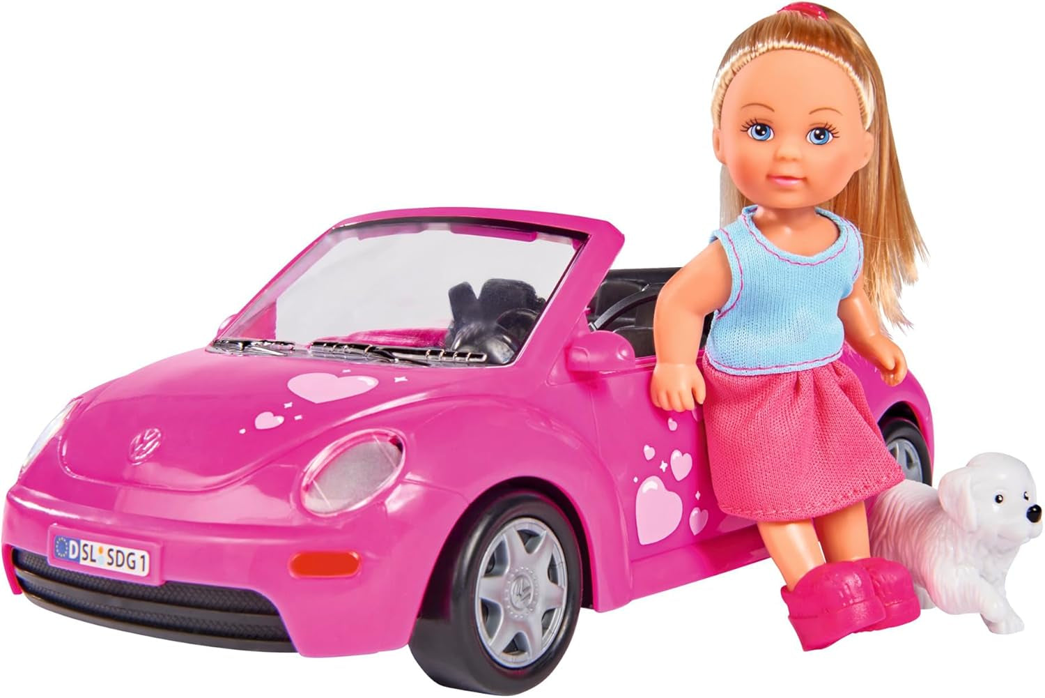 Simba 105731539 - Evi Love Beetle Evi's, Evi met auto, auto: 22 cm, met hond, modepop, 12 cm, voor kinderen vanaf 3 jaar