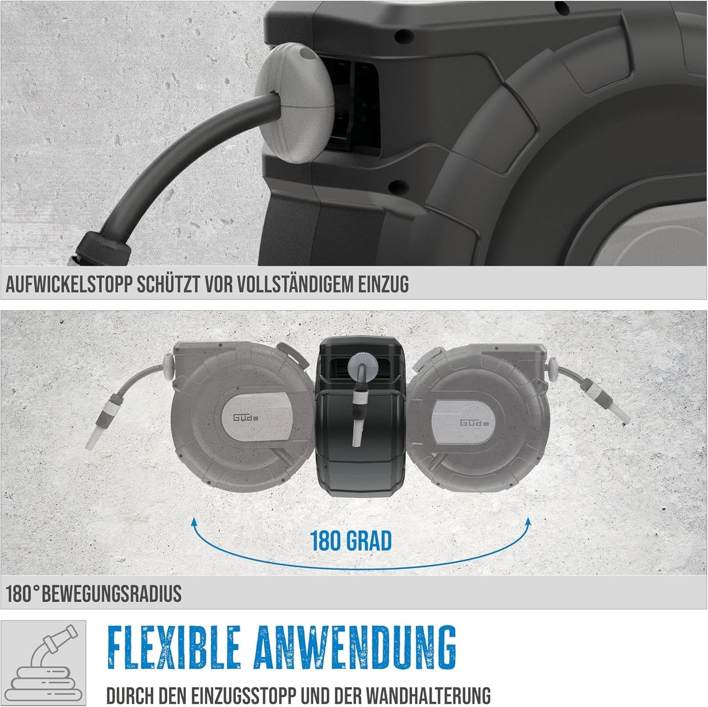 Automatische slanghaspel Güde 20-2-2 1/2 (voor wandmontage, 180° rotatie, 20 m slang, watersproeier, muurbeugel, automatisch intrekken, intrekstop, transportgreep, 2 snelkoppelingen)