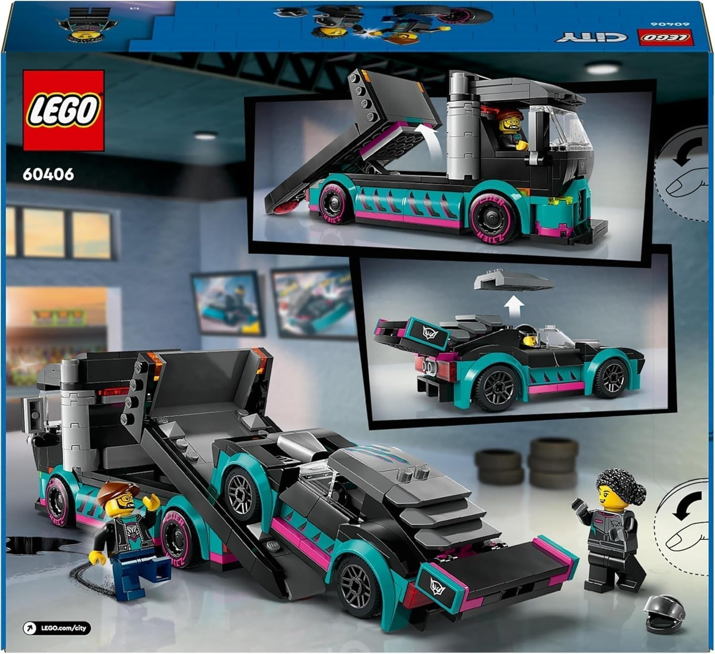 LEGO City Autotransporter met raceauto, speelgoedtruck met verstelbare laadklep en raceauto, bouwset met 2 minifiguren, coureur en vrachtwagenchauffeur, voor kinderen vanaf 6 jaar 60406 Bouwsets Besuche den LEGO-Store