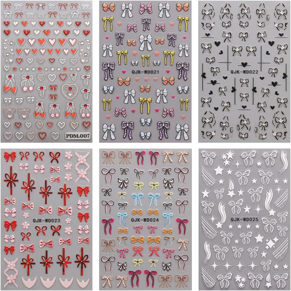 JMEOWIO Nagelsticker Bunte Herz Schleife 6 Blatt Nail Art Sticker Selbstklebend Nagelaufkleber Decoratie Nageldesign Zubehör